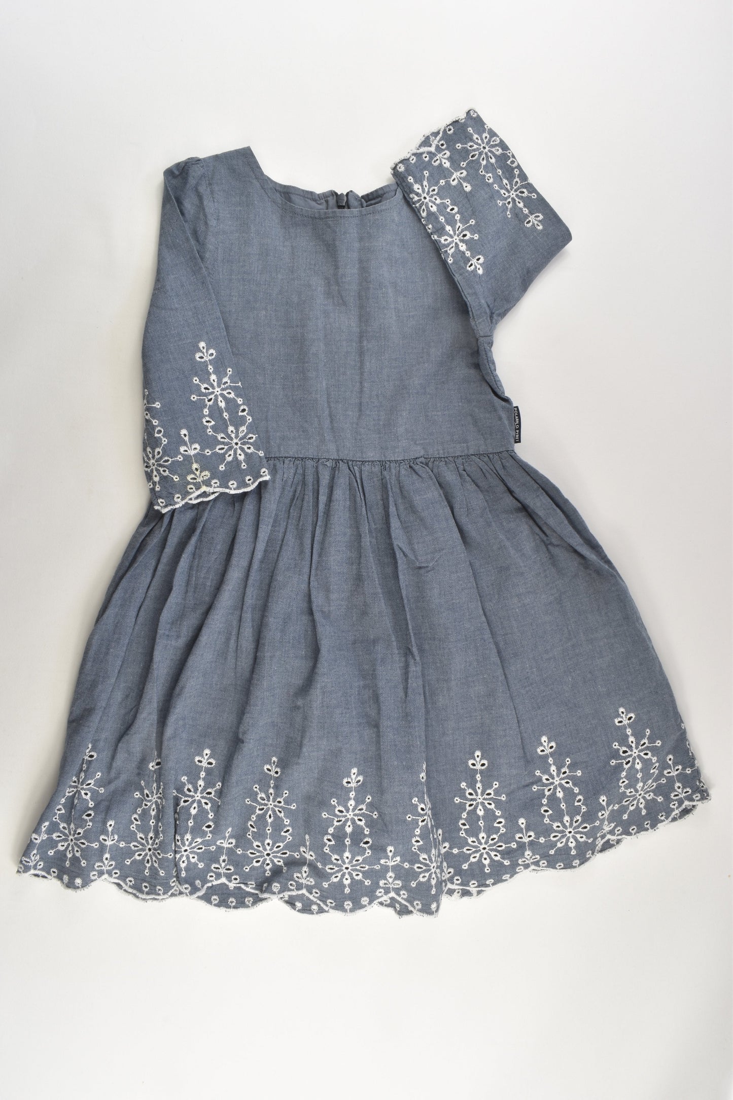 Polarn O. Pyret Size 4-6 Lined Lightweight Denim Dress with Lace Details