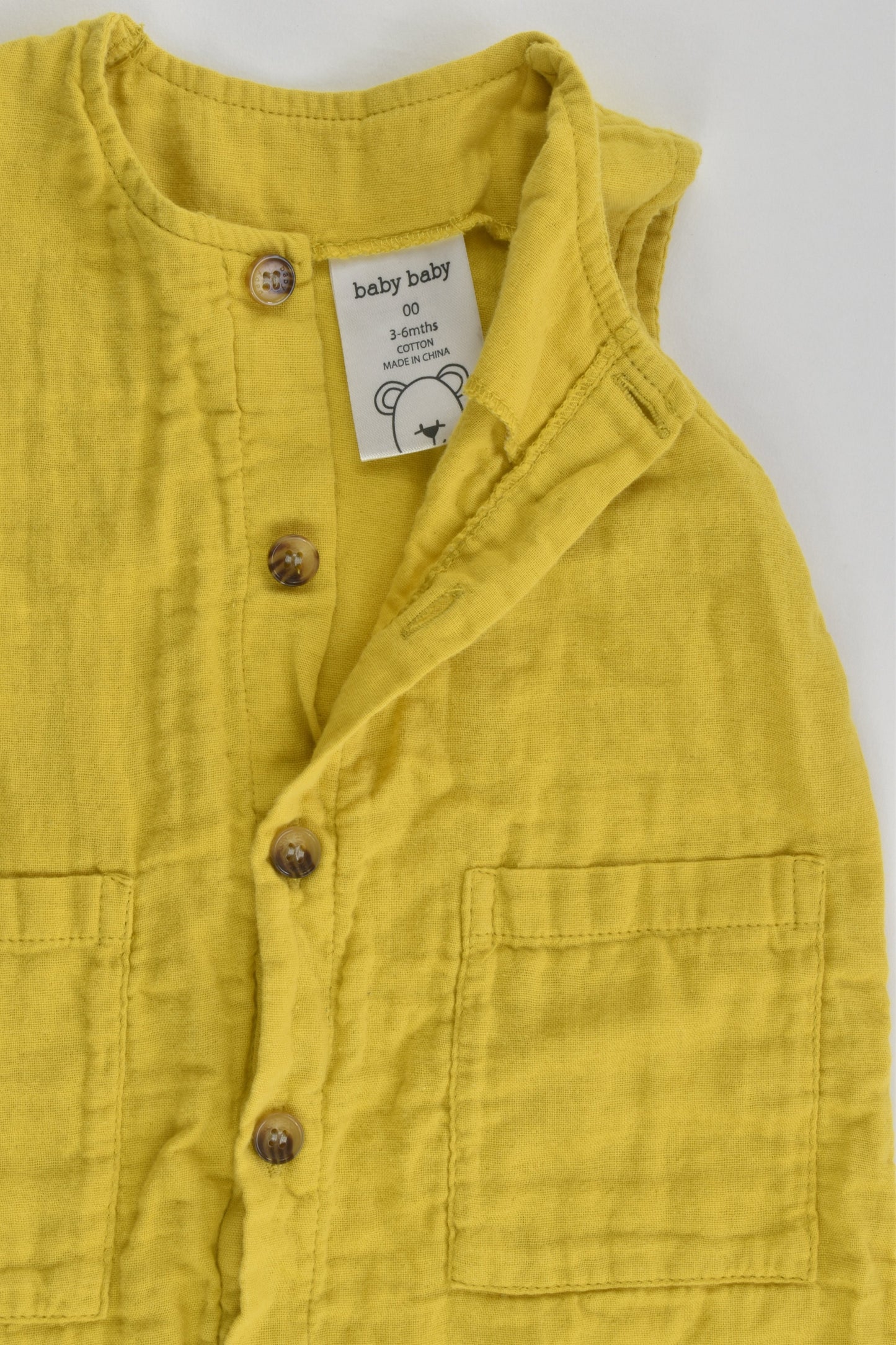 Baby Baby Size 00 (3-6 months) Mustard Playsuit with Wooden Buttons
