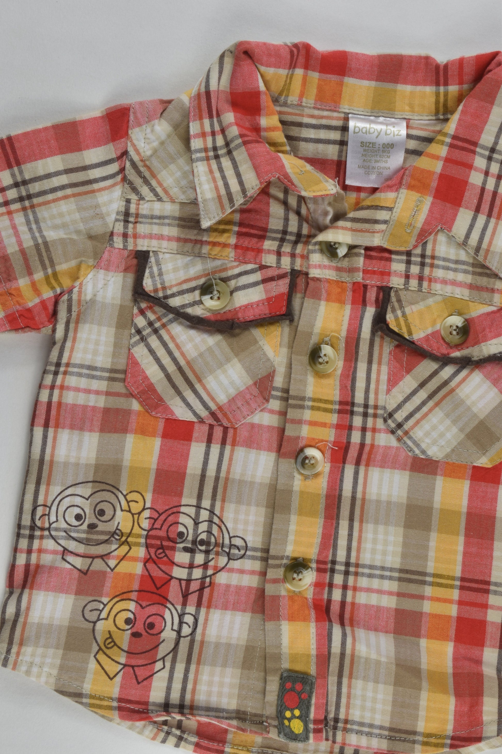 Baby Biz Size 000 Checked Monkey Shirt