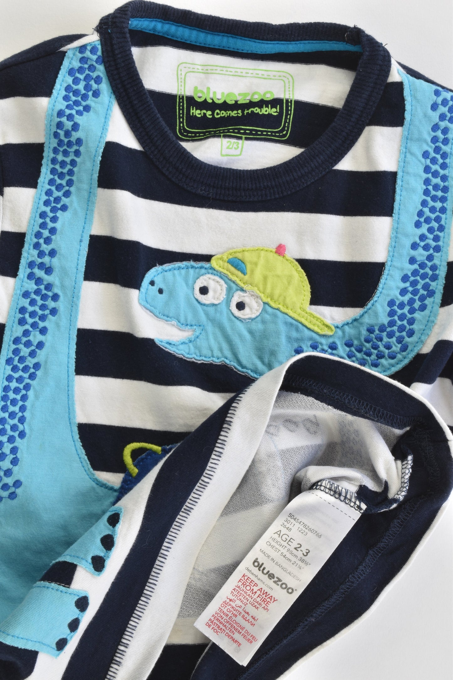 Bluezoo by Debenhams Size 2/3 (98 cm) Striped Dinosaur T-shirt