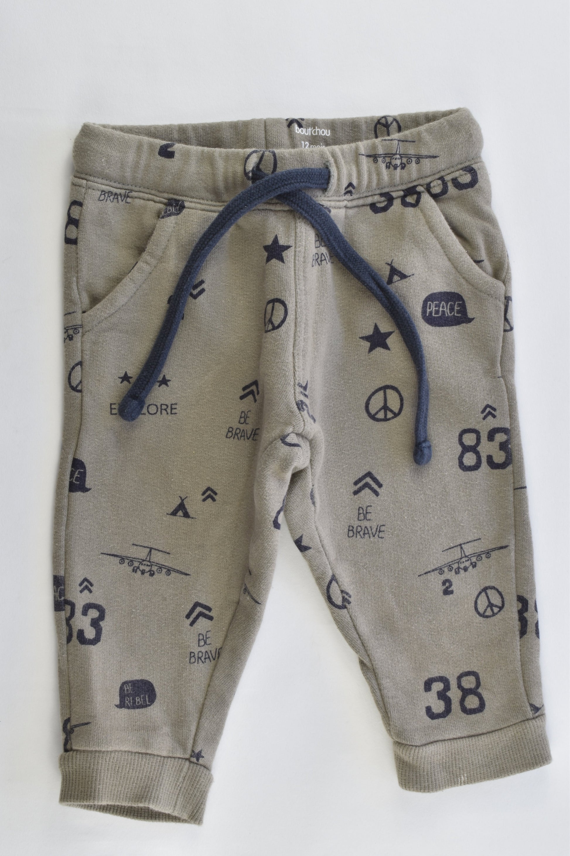 Bout'Chou (France) Size 12 months "Be Brave, Be Rebel, Explore" Track Pants