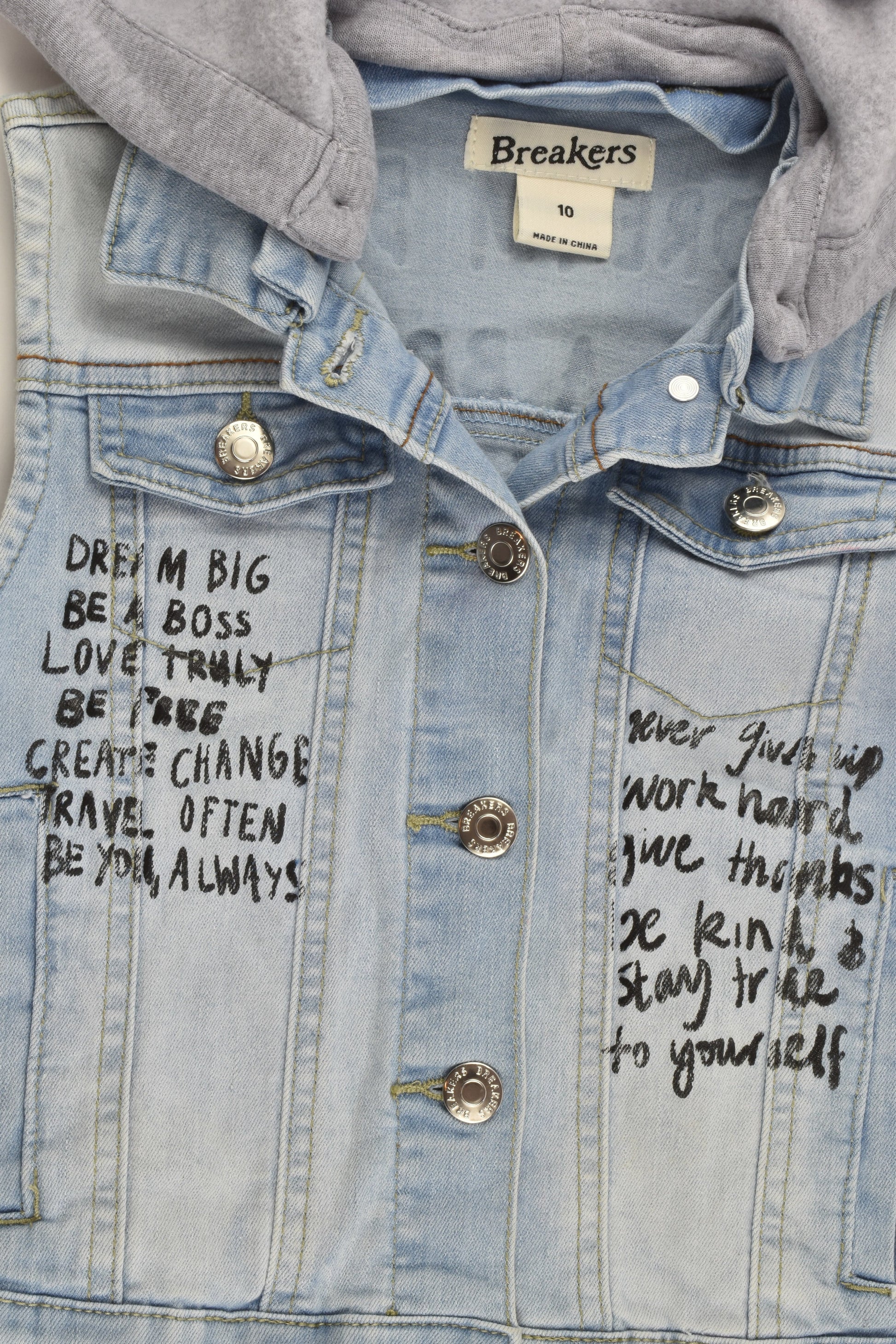 Breakers Size 10 Hooded Stretchy 'Dream Big' Denim Vest