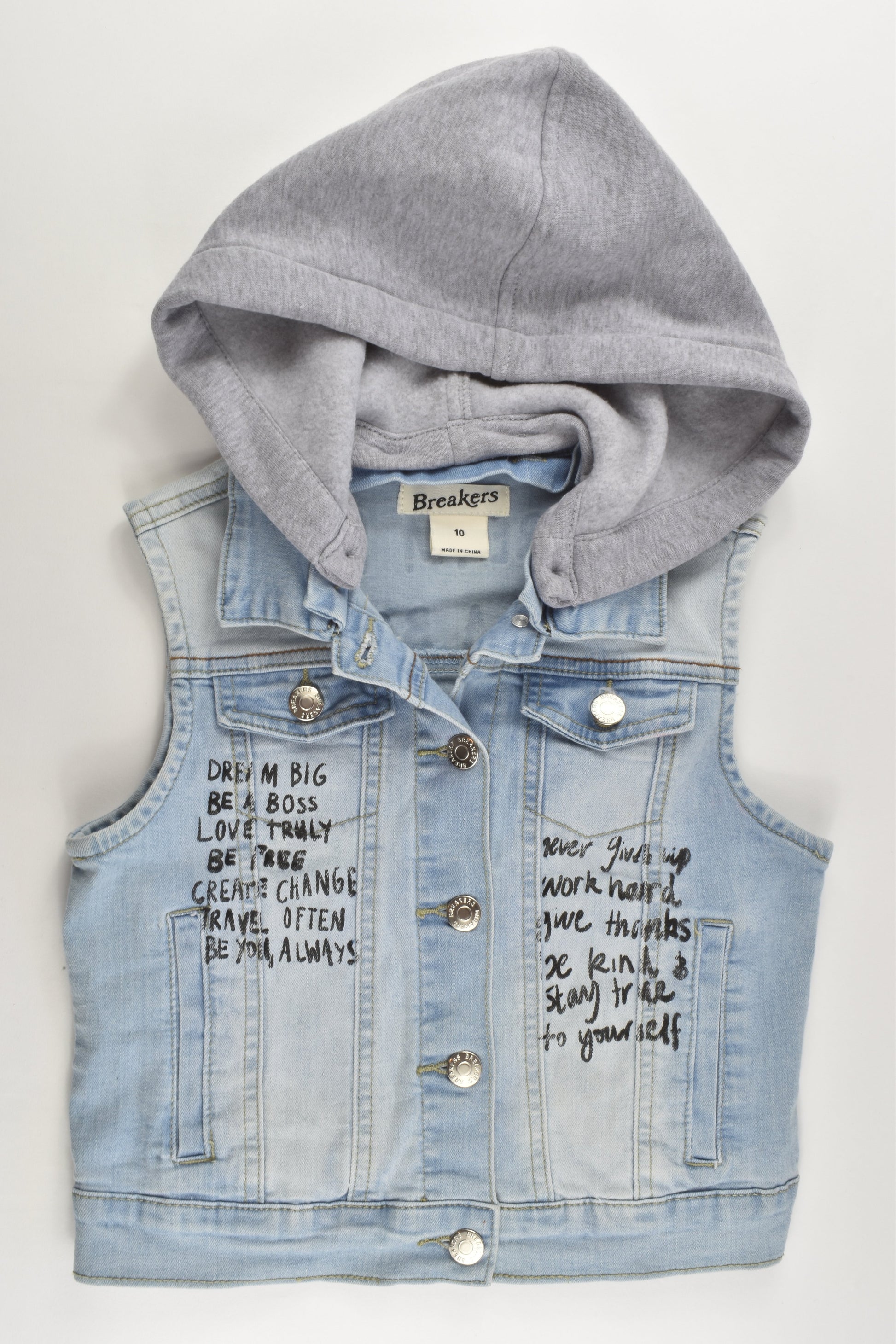 Breakers Size 10 Hooded Stretchy 'Dream Big' Denim Vest