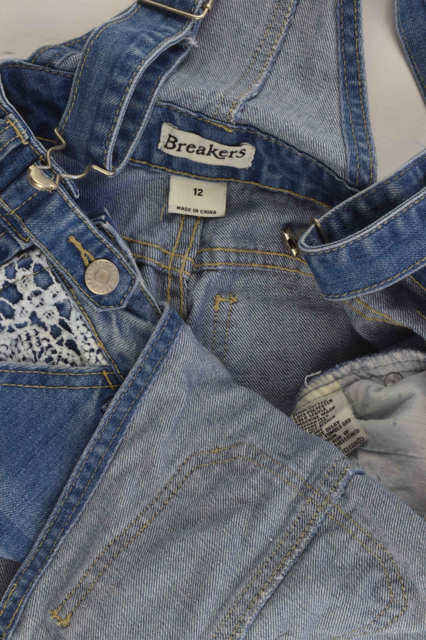 Breakers Size 12 Short Denim Overalls with Lace Details