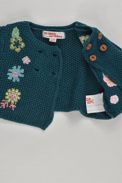 Du Pareil au Même (France) Size 000 (3 months, 59 cm) Knitted Cardigan with Floral Embroidery