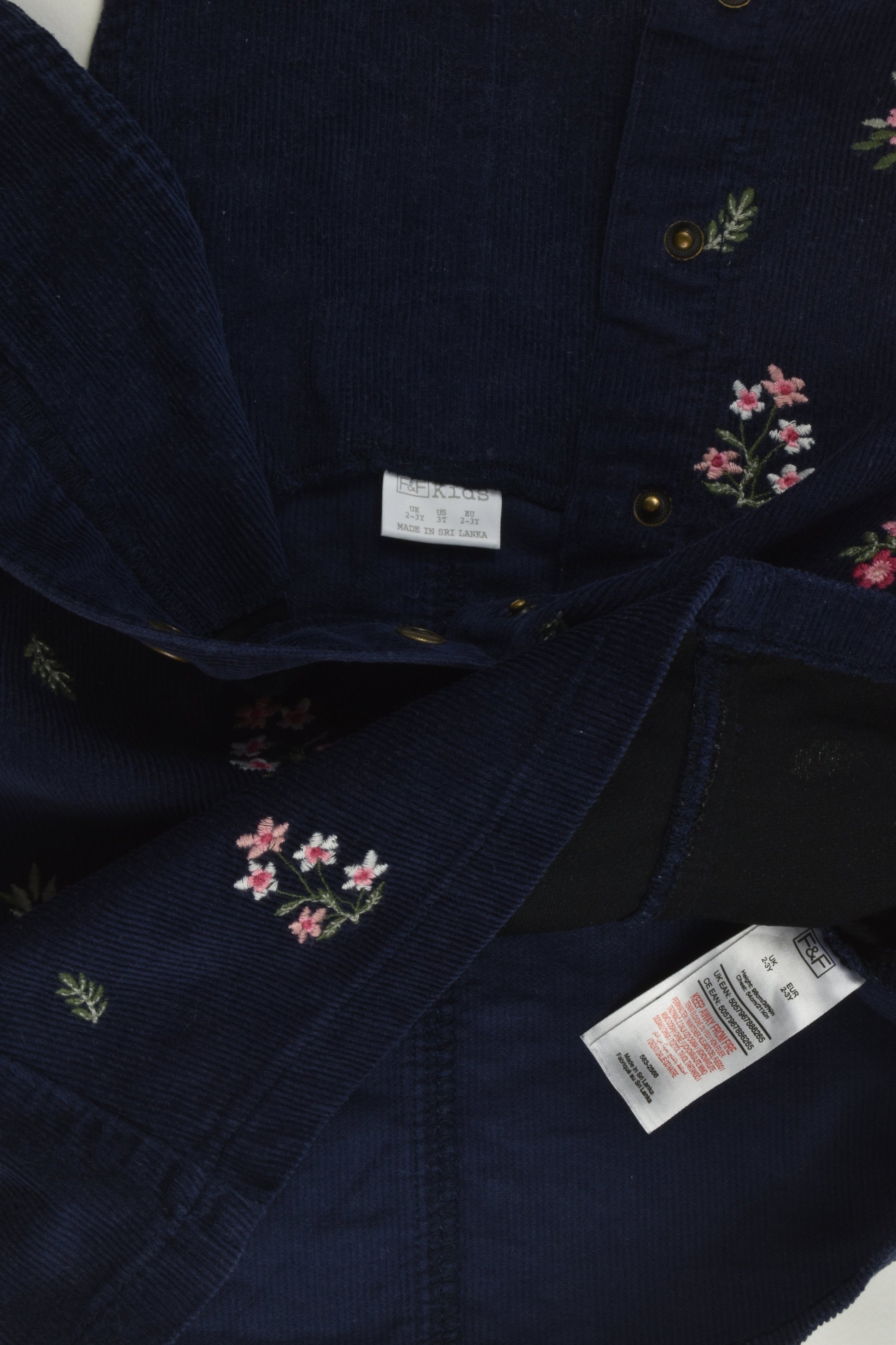 F&F Size 2-3 Cord Pinafore Dress with Floral Embroidery