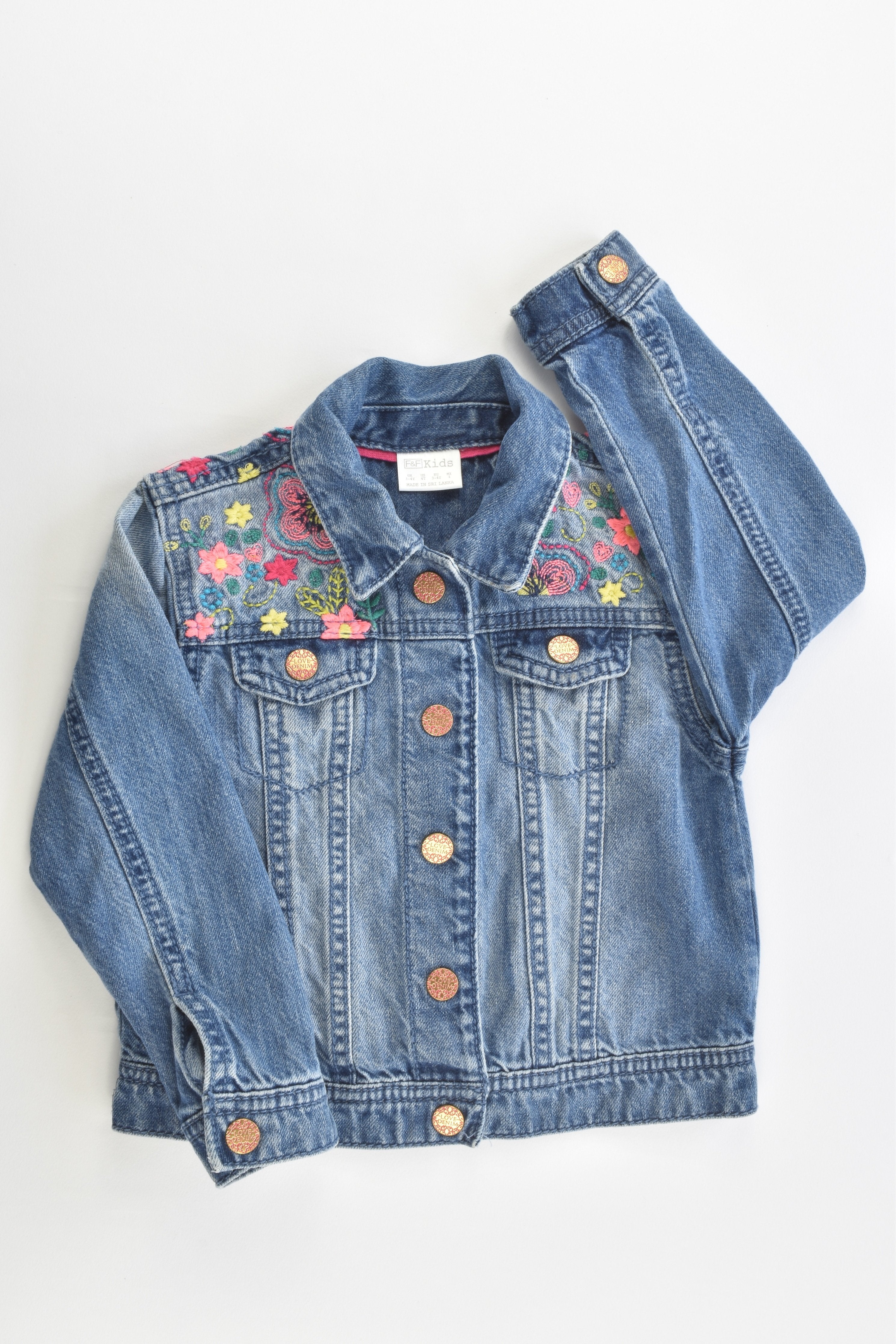 F F Size 3 4 Denim Jacket with Floral Embroidery MiniMe Preloved Baby and Kids Clothes