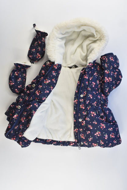 George Size 0-1 (9-12 months, 74-80 cm) Warm Floral Winter Jacket with Mittens