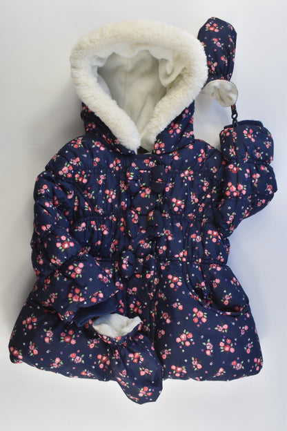 George Size 0-1 (9-12 months, 74-80 cm) Warm Floral Winter Jacket with Mittens
