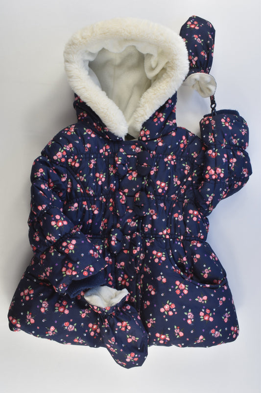 George Size 0-1 (9-12 months, 74-80 cm) Warm Floral Winter Jacket with Mittens