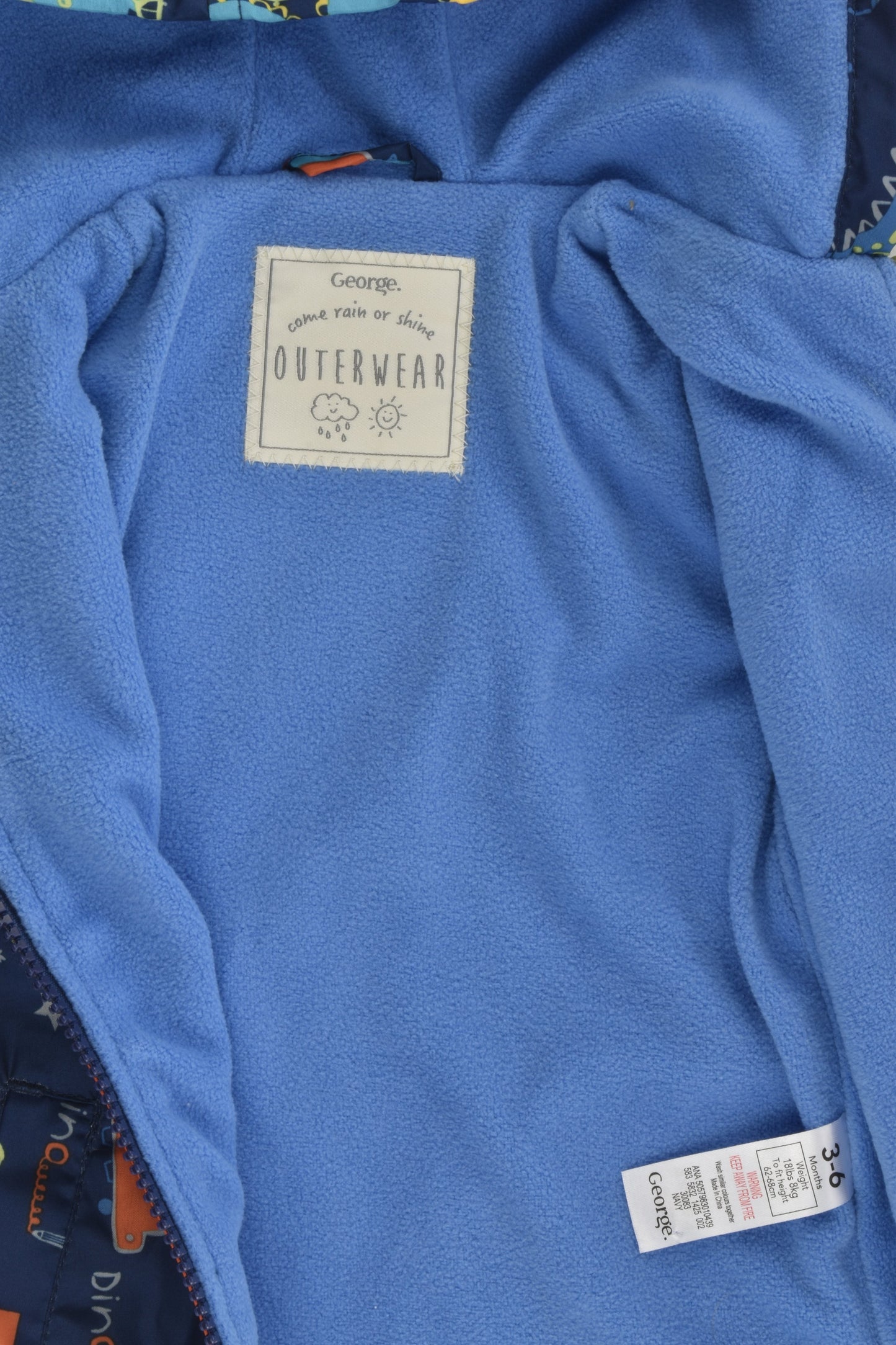 George Size 00 (3-6 months) Dinosaurs and more Fleece Lined Jacket