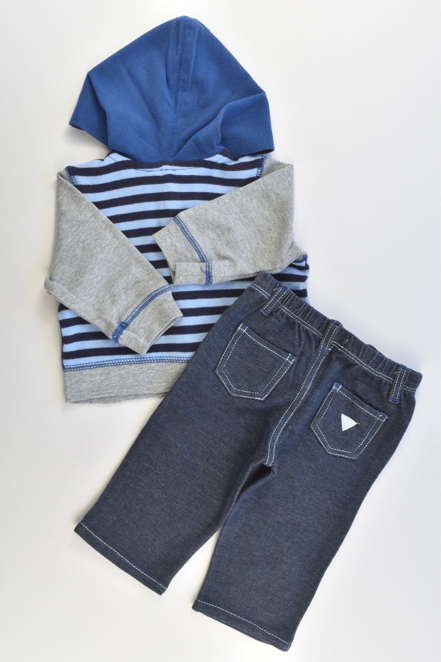 Guess Baby Size 00 (3/6 months) Striped Hooded Jumper and Stertchy Denim-like Pants