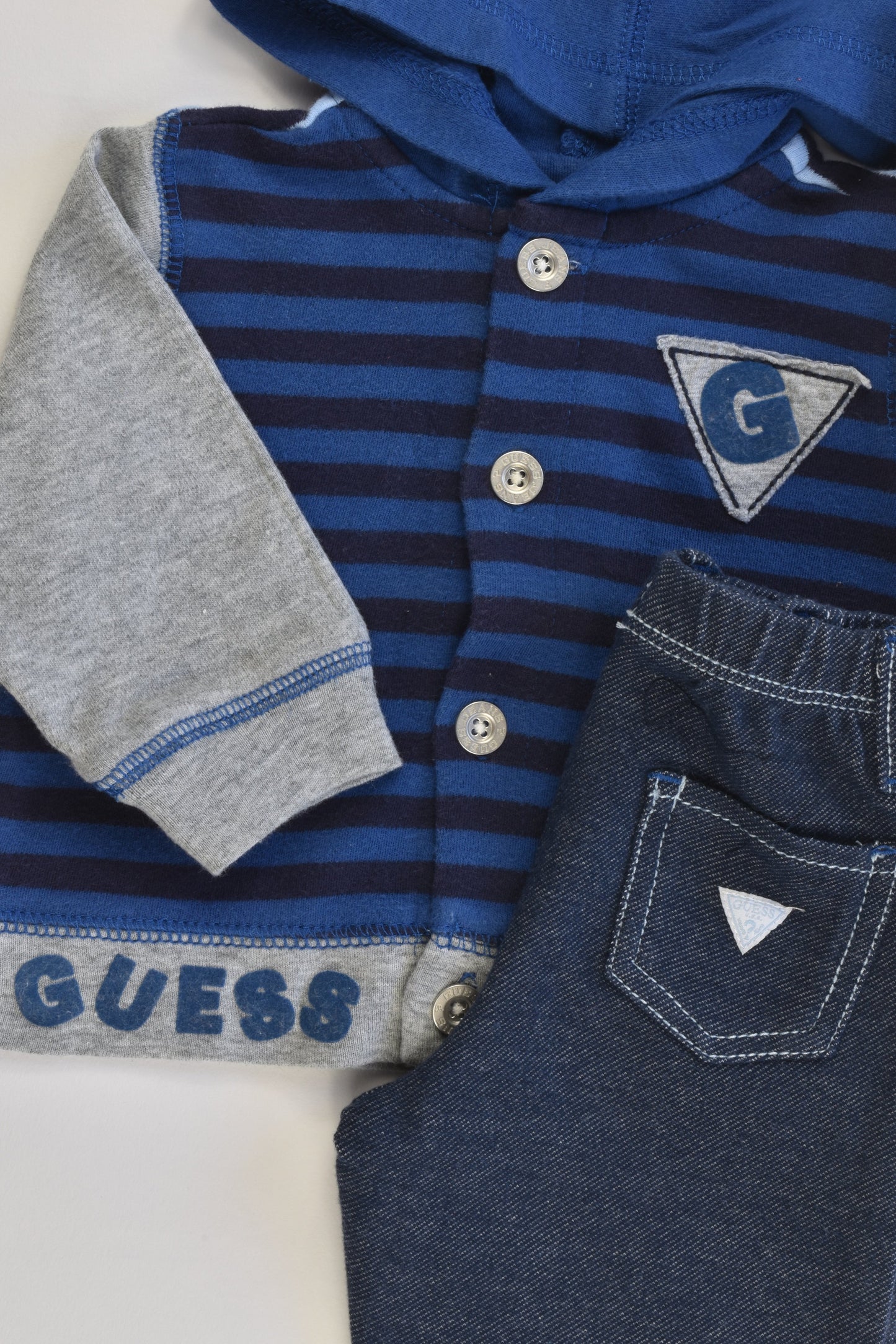 Guess Baby Size 00 (3/6 months) Striped Hooded Jumper and Stertchy Denim-like Pants