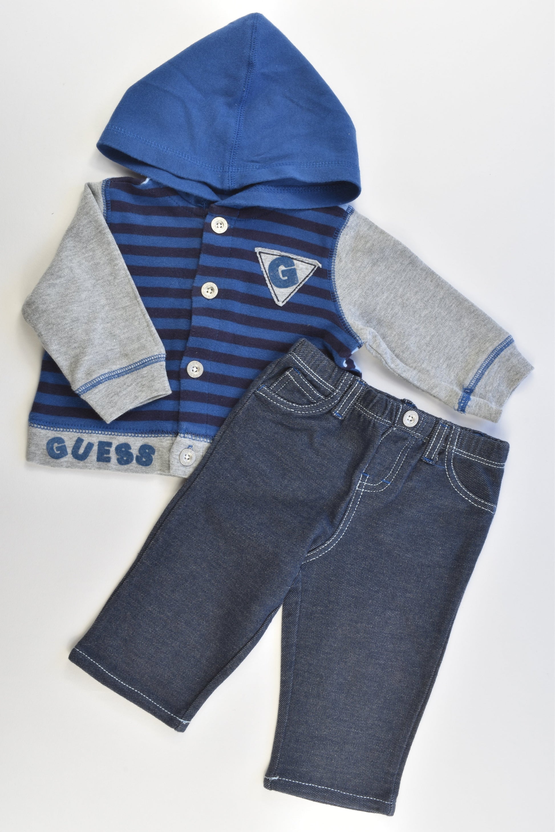 Guess Baby Size 00 (3/6 months) Striped Hooded Jumper and Stertchy Denim-like Pants