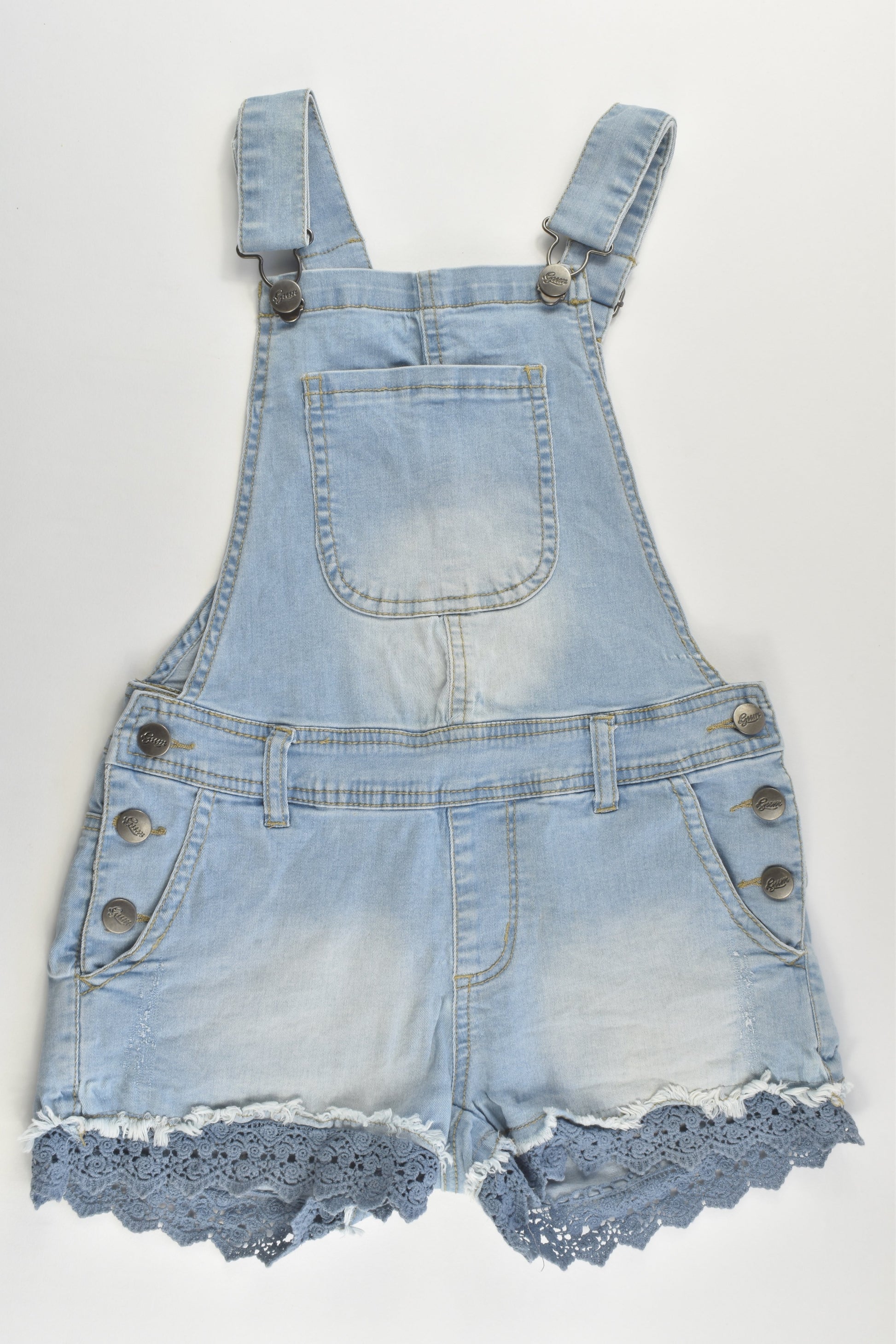 Gum Size 8 Stretchy Denim Short Overalls with Lace Details