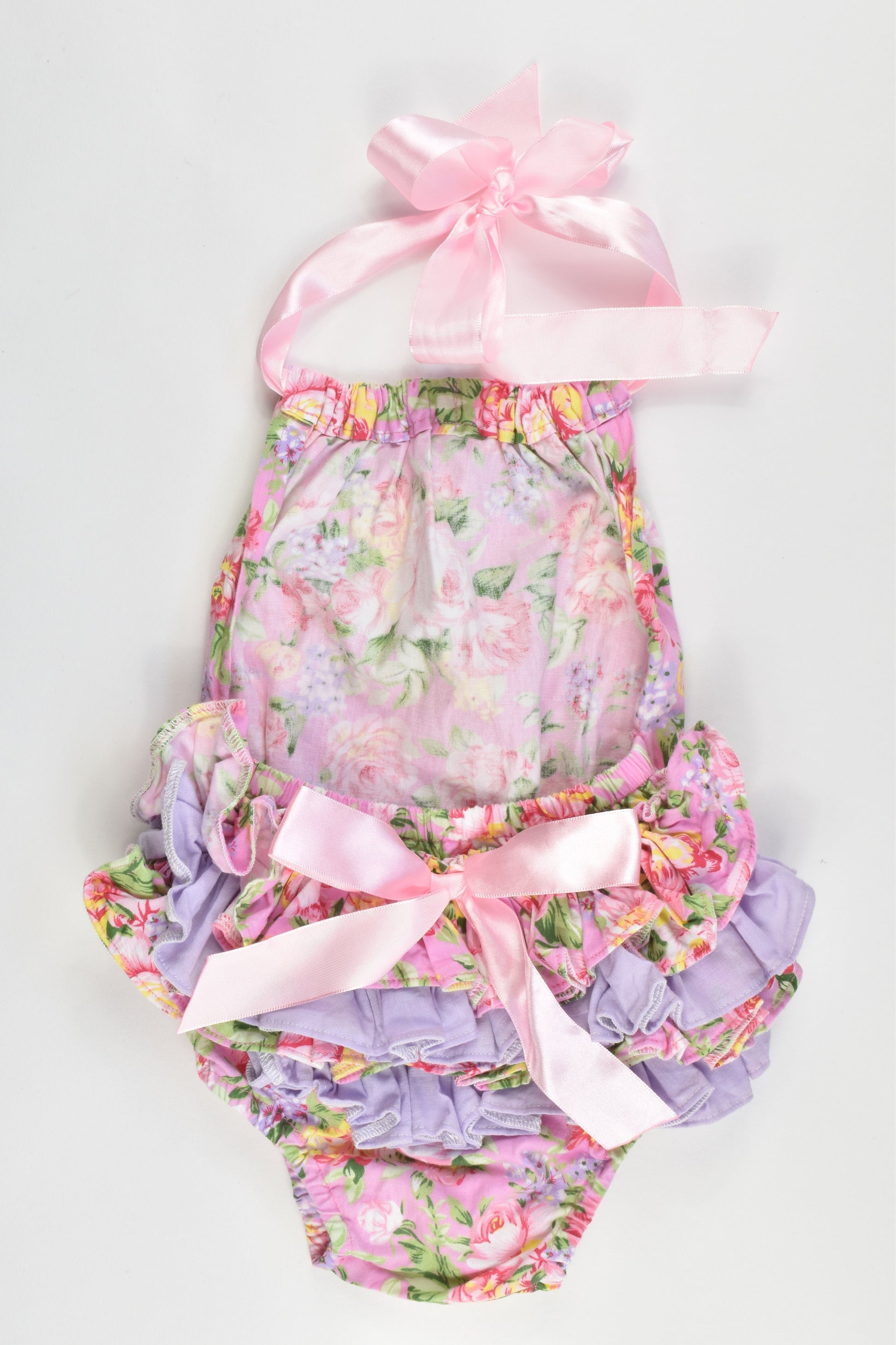 Hand Made Size approx 00 Floral Playsuit with Ruffle and Bow at the back