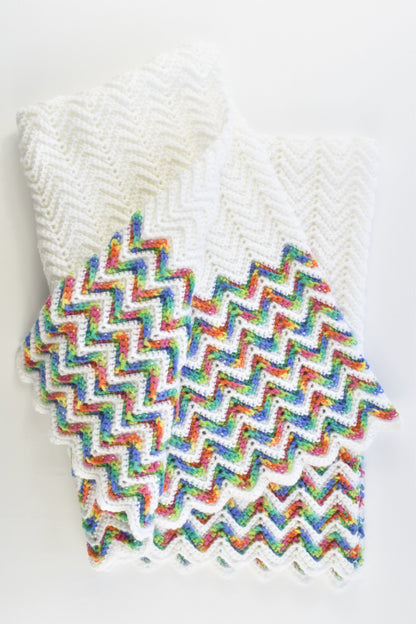 Handmade Knitted White Baby Blanket with Rainbow Zig Zags