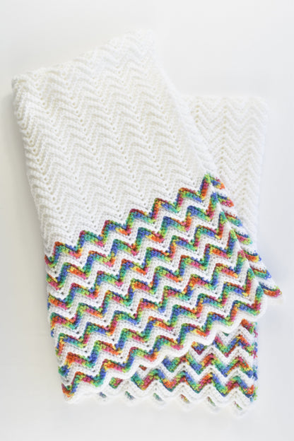 Handmade Knitted White Baby Blanket with Rainbow Zig Zags