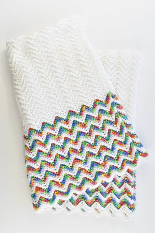 Handmade Knitted White Baby Blanket with Rainbow Zig Zags