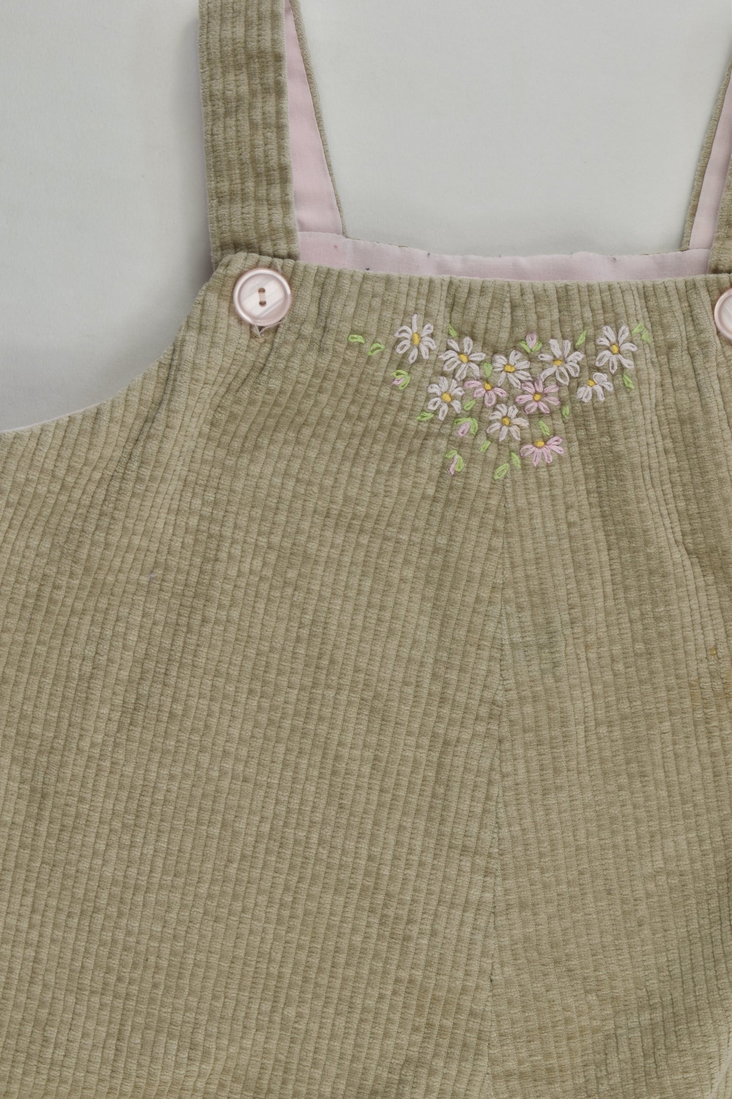 Handmade Size 1-2 Cord Overalls with Floral Embroidery