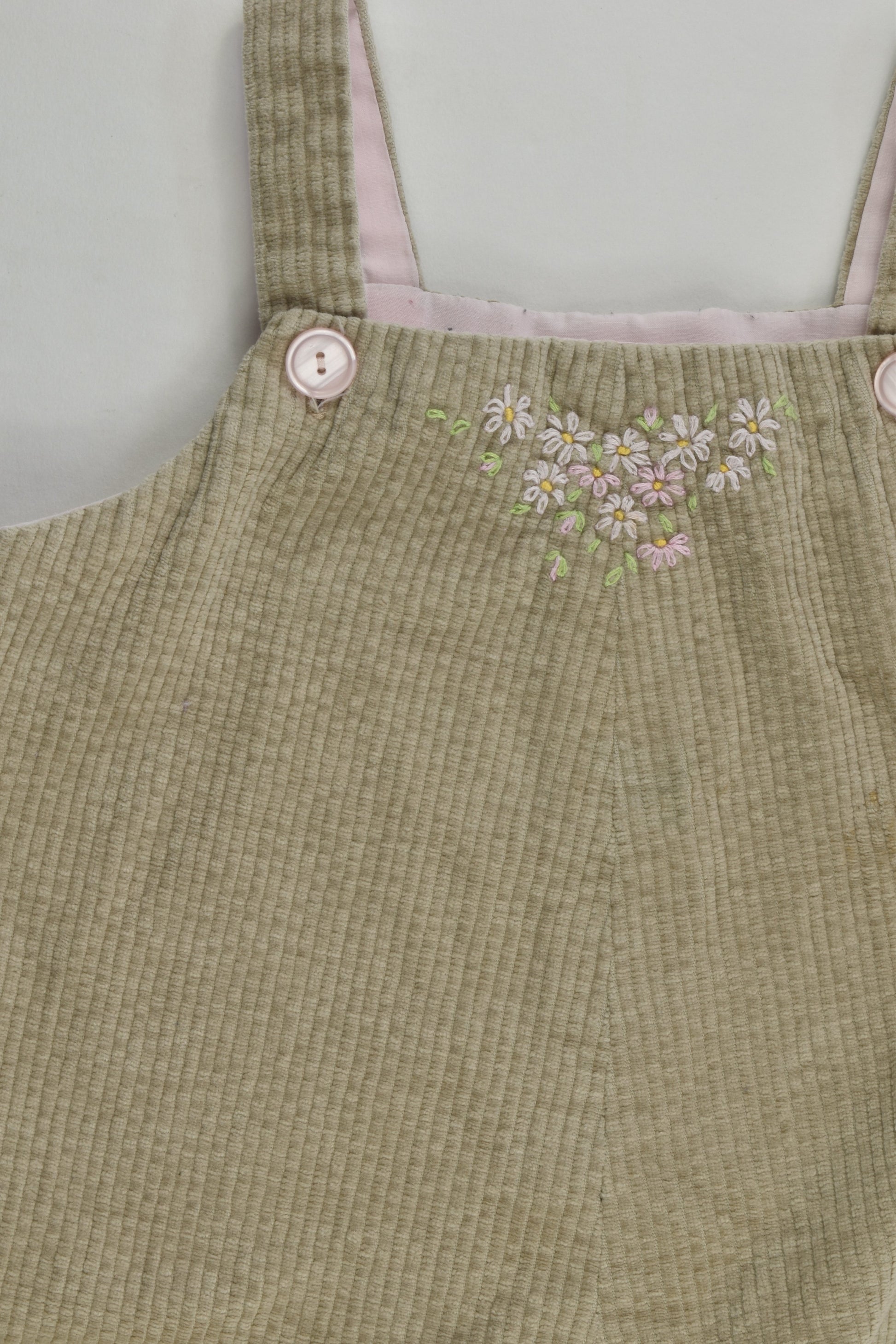 Handmade Size 1-2 Cord Overalls with Floral Embroidery