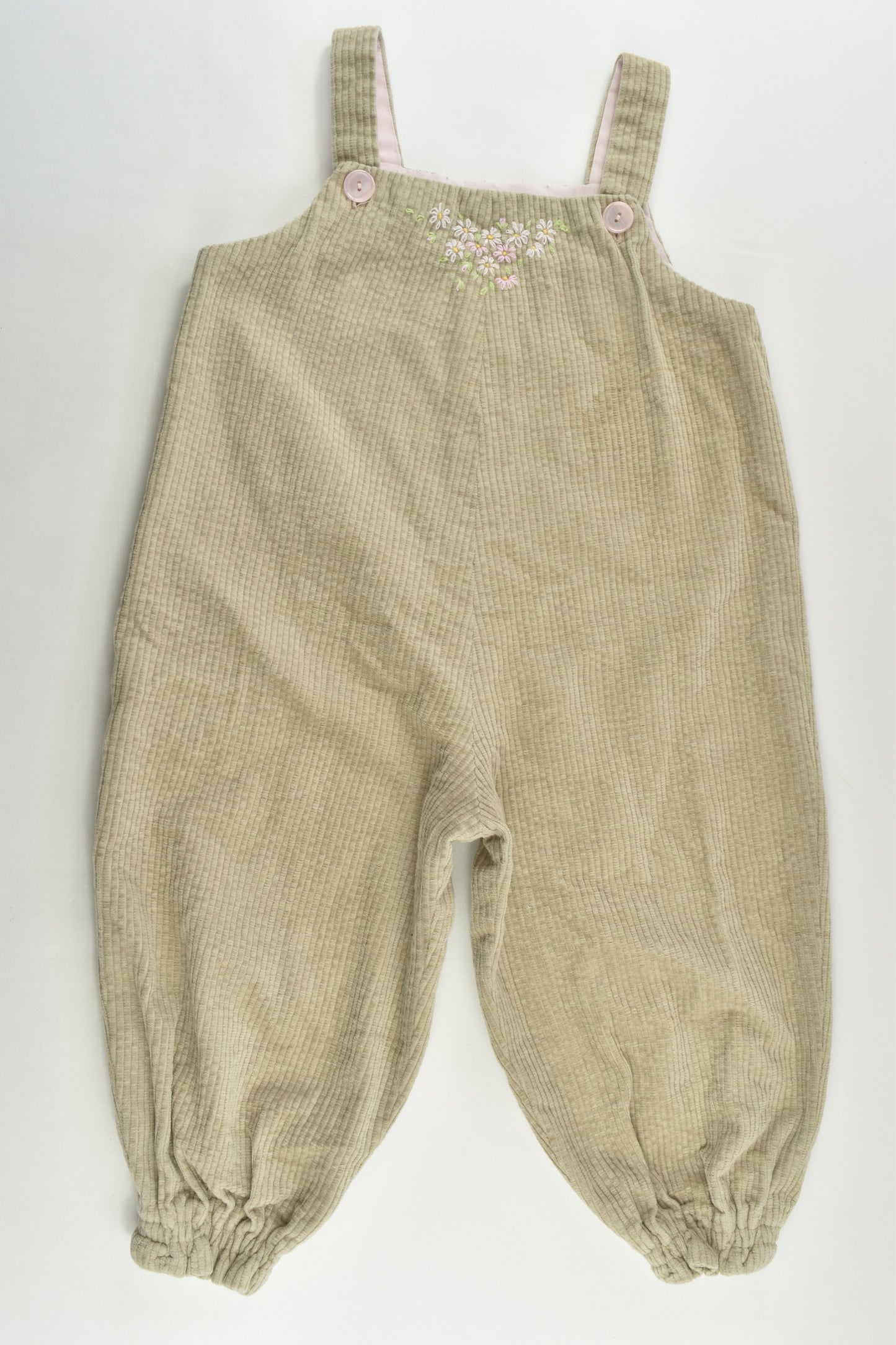 Handmade Size 1-2 Cord Overalls with Floral Embroidery
