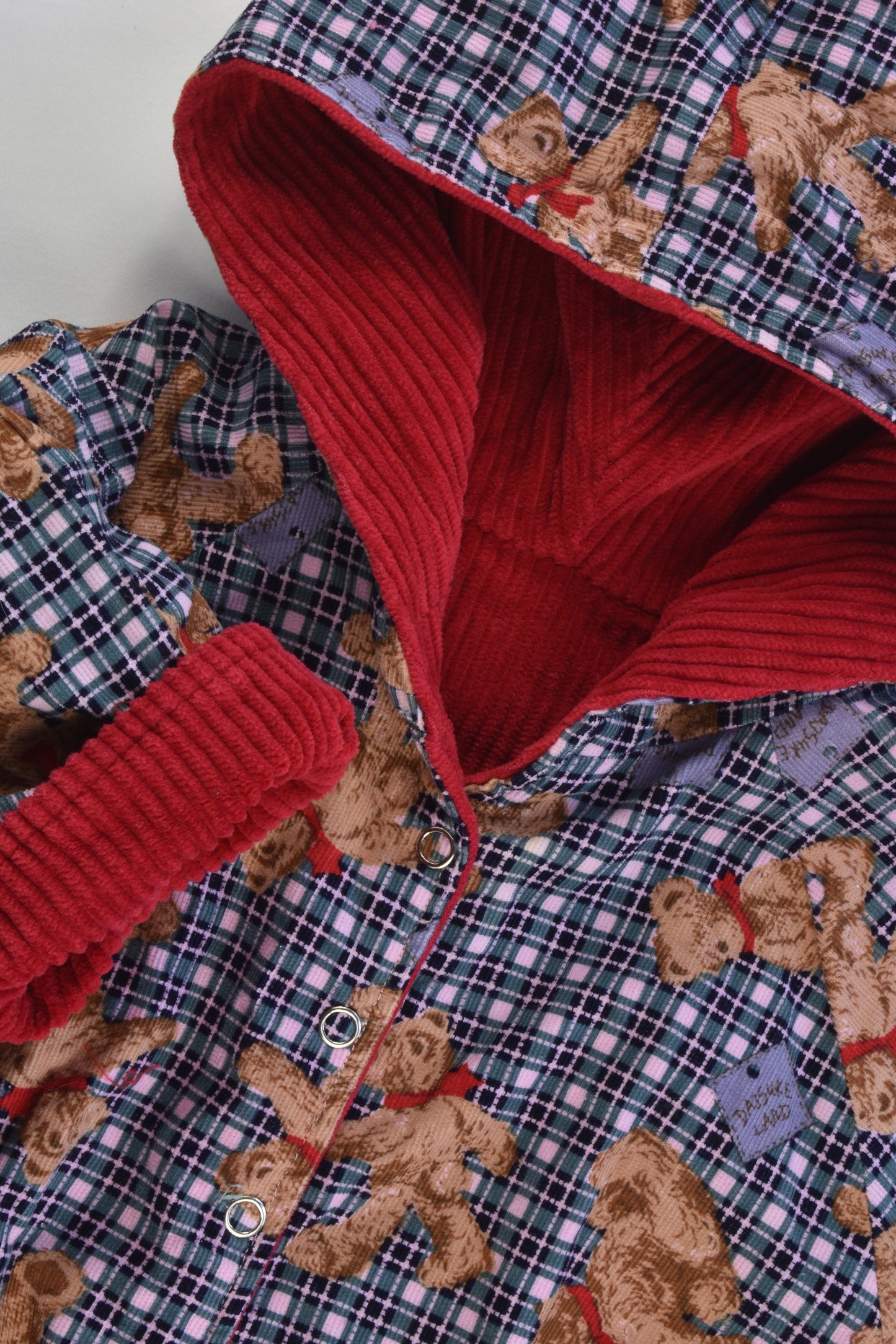 Handmade Size approx 1-3 Reversible Hooded Teddy Bears/Red Cord Jacket