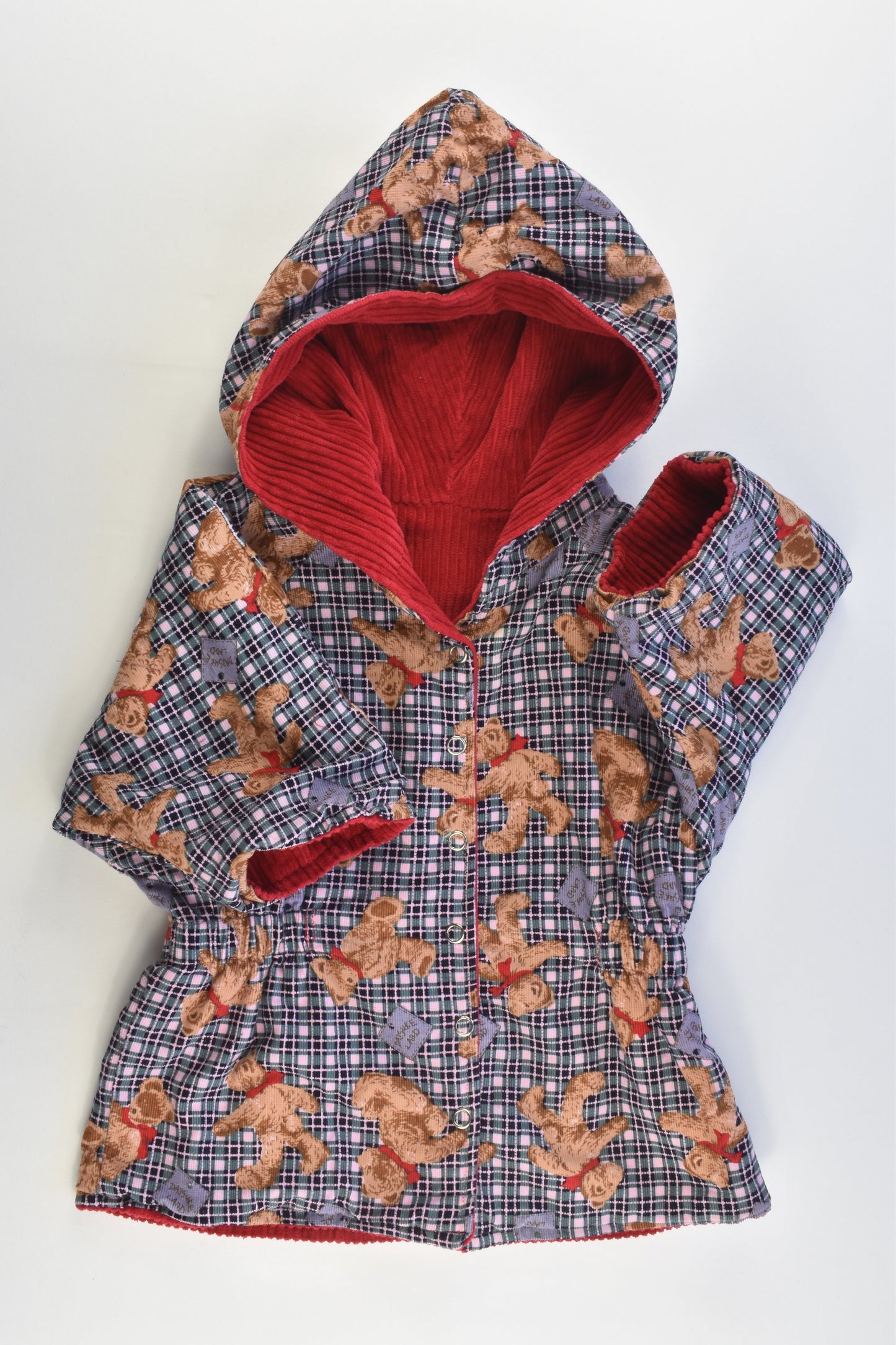 Handmade Size approx 1-3 Reversible Hooded Teddy Bears/Red Cord Jacket