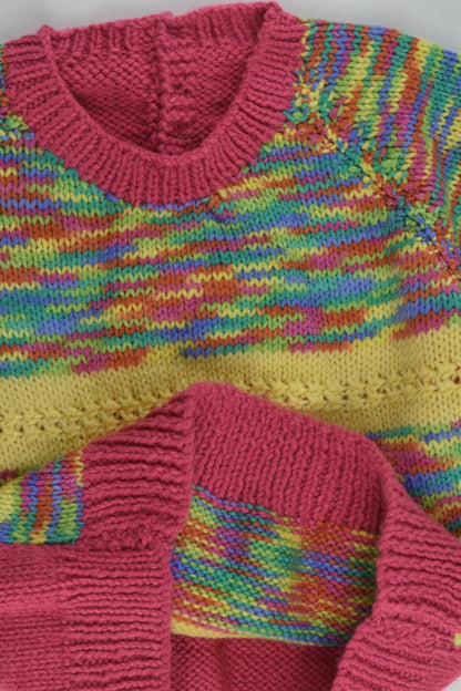 Handmade Size approx 3-4 Pink and Rainbow Stripes Knitted Jumper