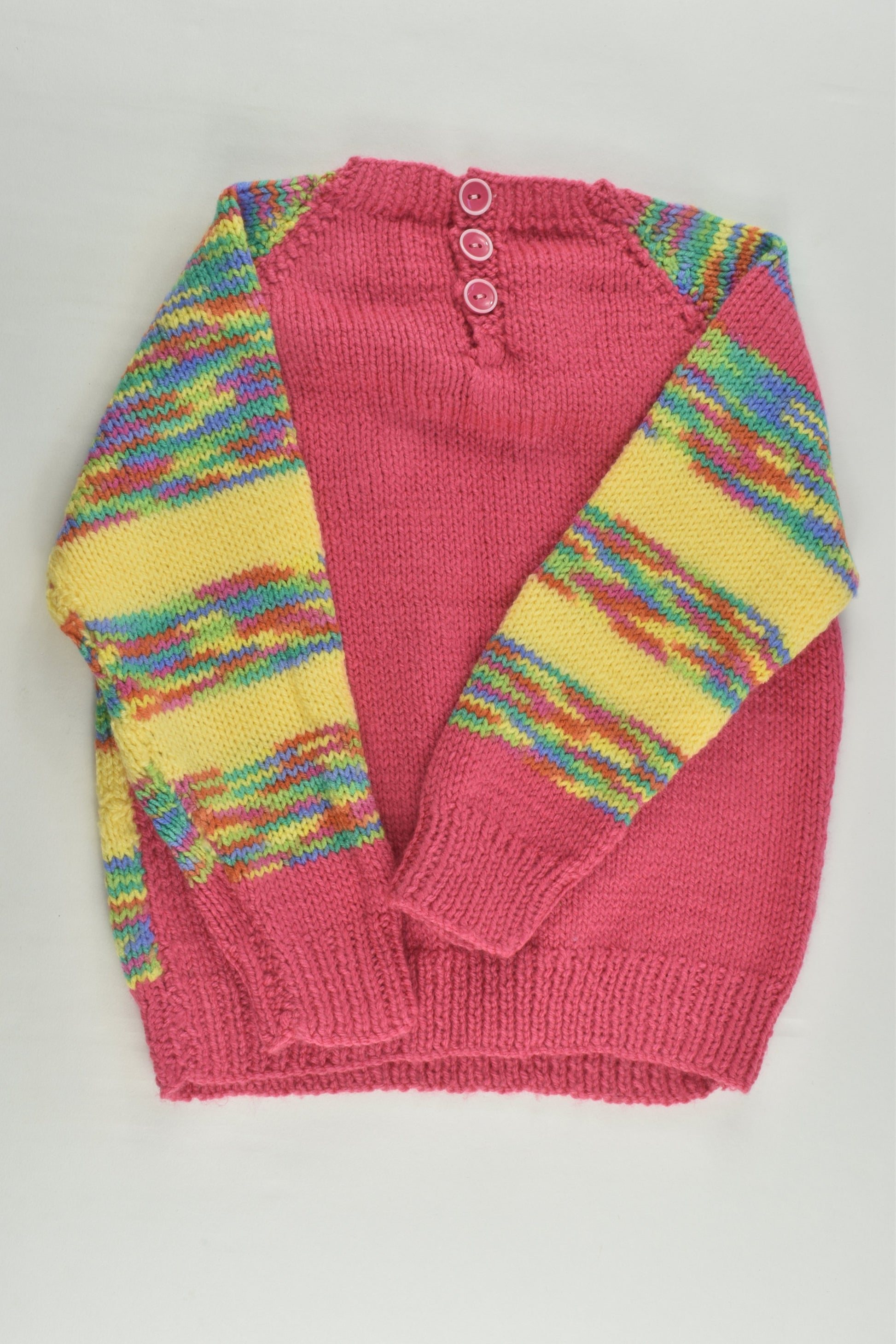 Handmade Size approx 3-4 Pink and Rainbow Stripes Knitted Jumper