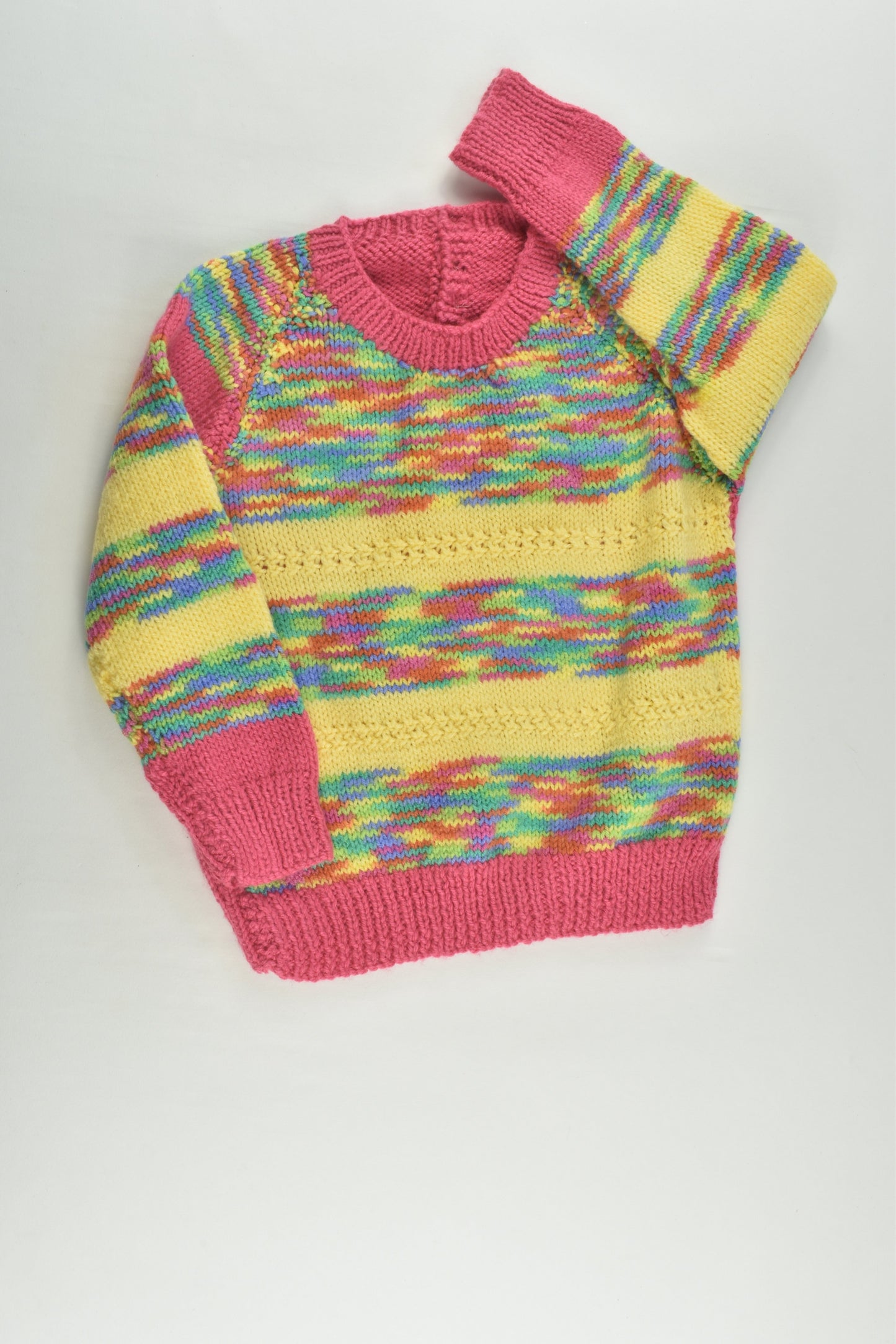 Handmade Size approx 3-4 Pink and Rainbow Stripes Knitted Jumper