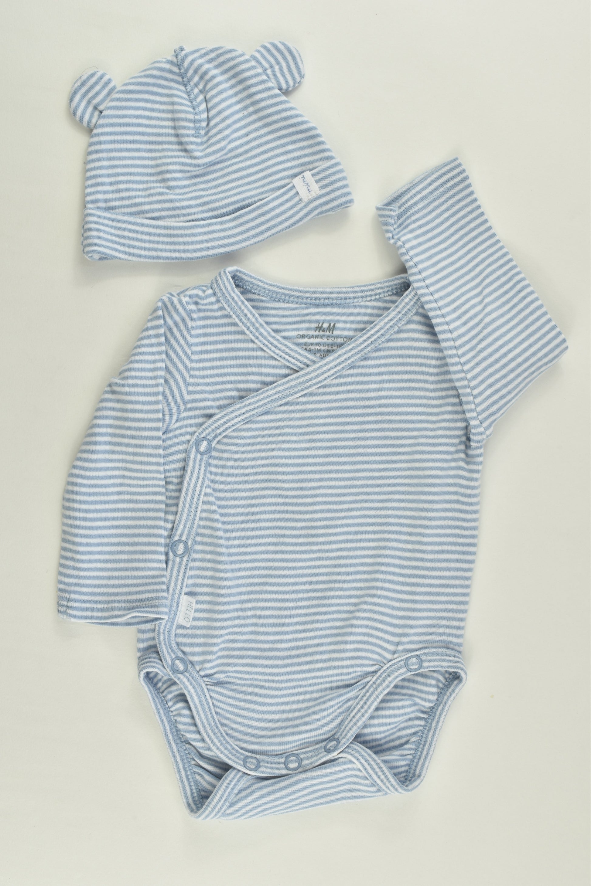H&M Size 0000 (50 cm) Blue Stripes 'Hello Mini' Organic Bodysuit and Beanie