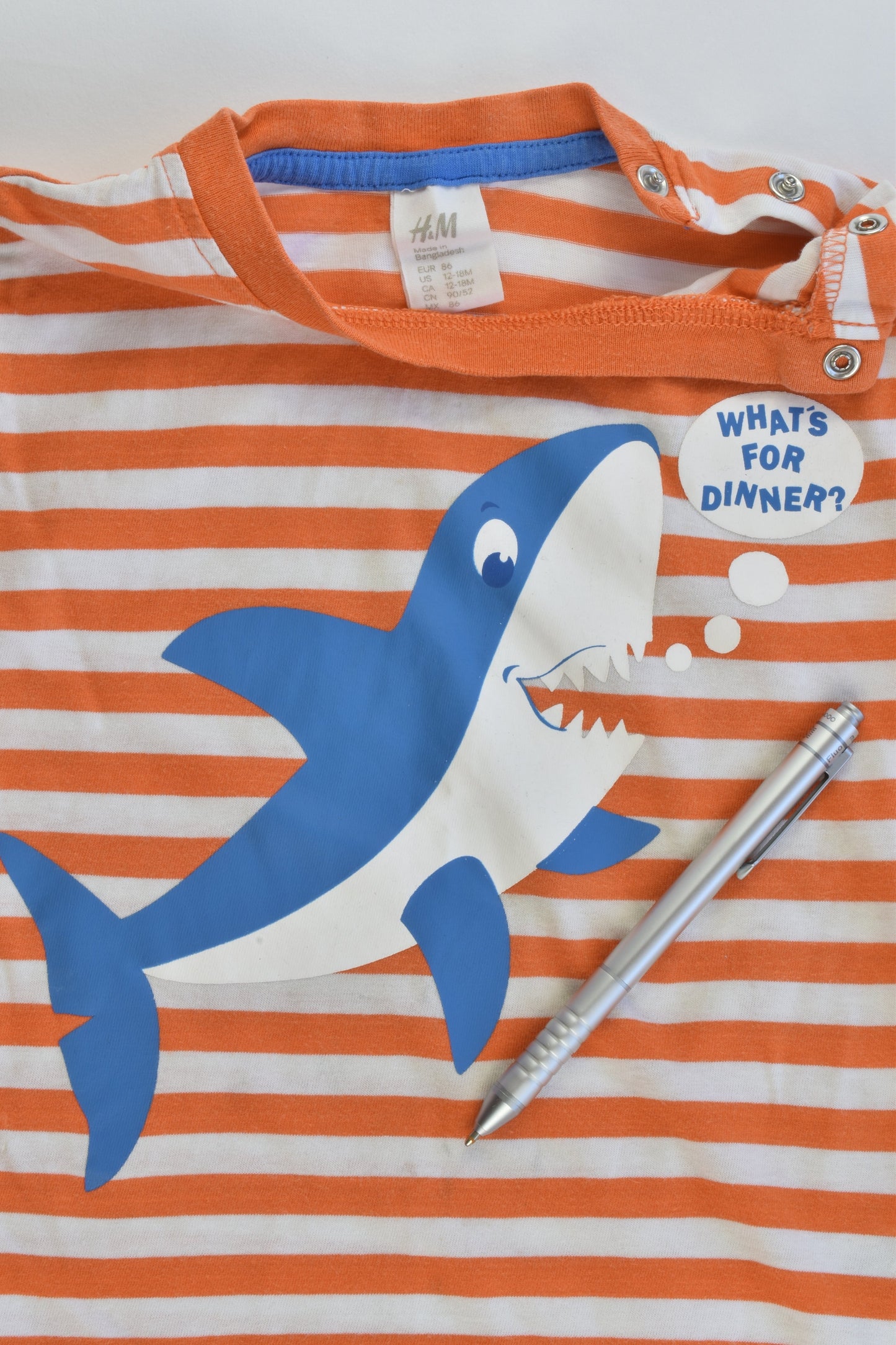 H&M Size 1 (12-18 months, 86 cm) Striped Shark 'What's For Dinner?' T-shirt