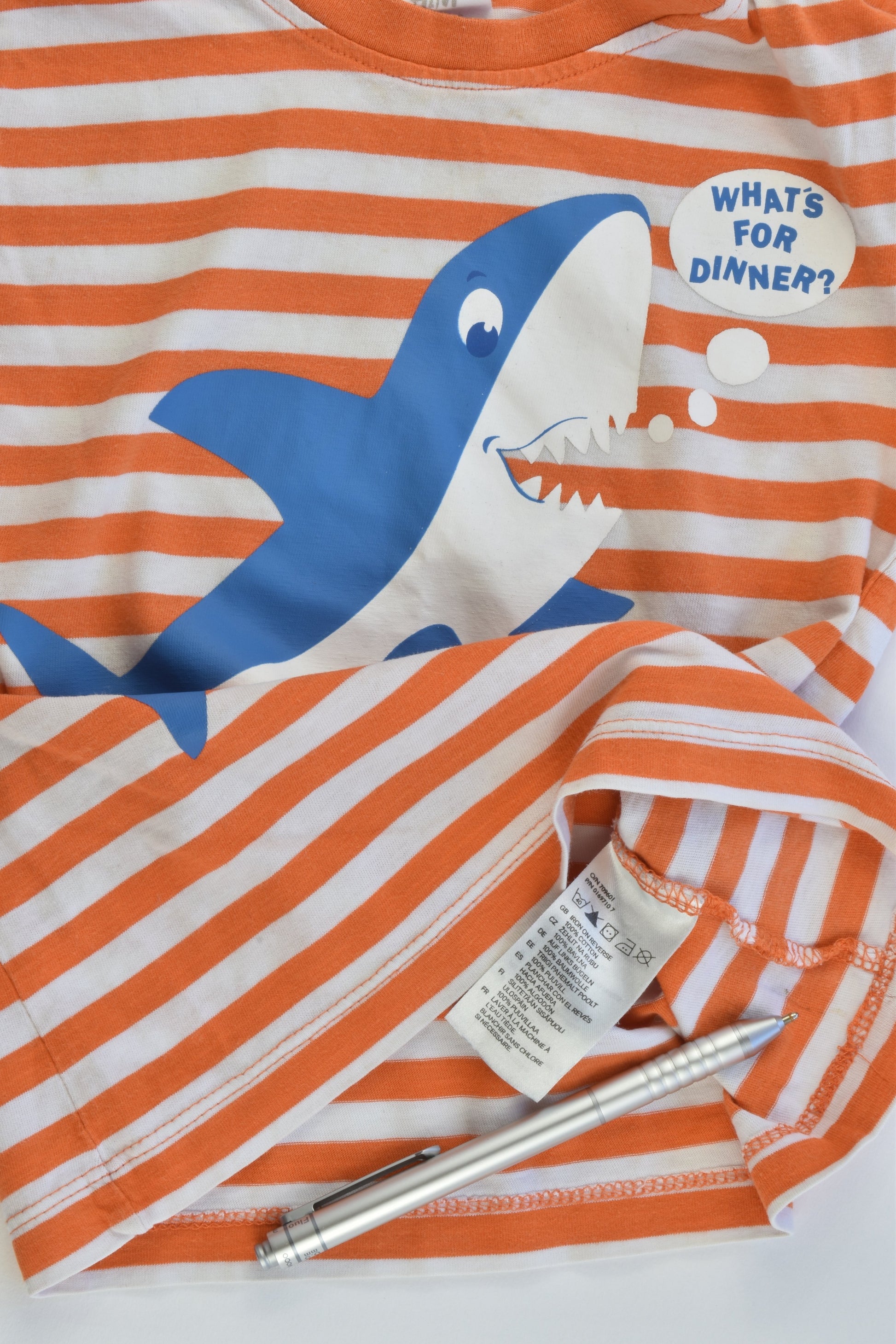 H&M Size 1 (12-18 months, 86 cm) Striped Shark 'What's For Dinner?' T-shirt