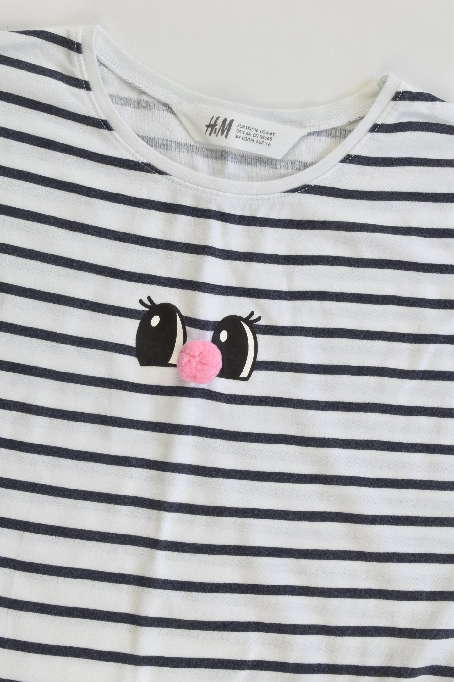 H&M Size 5-6 (110/116 cm) Striped Pom Pom Nose T-shirt