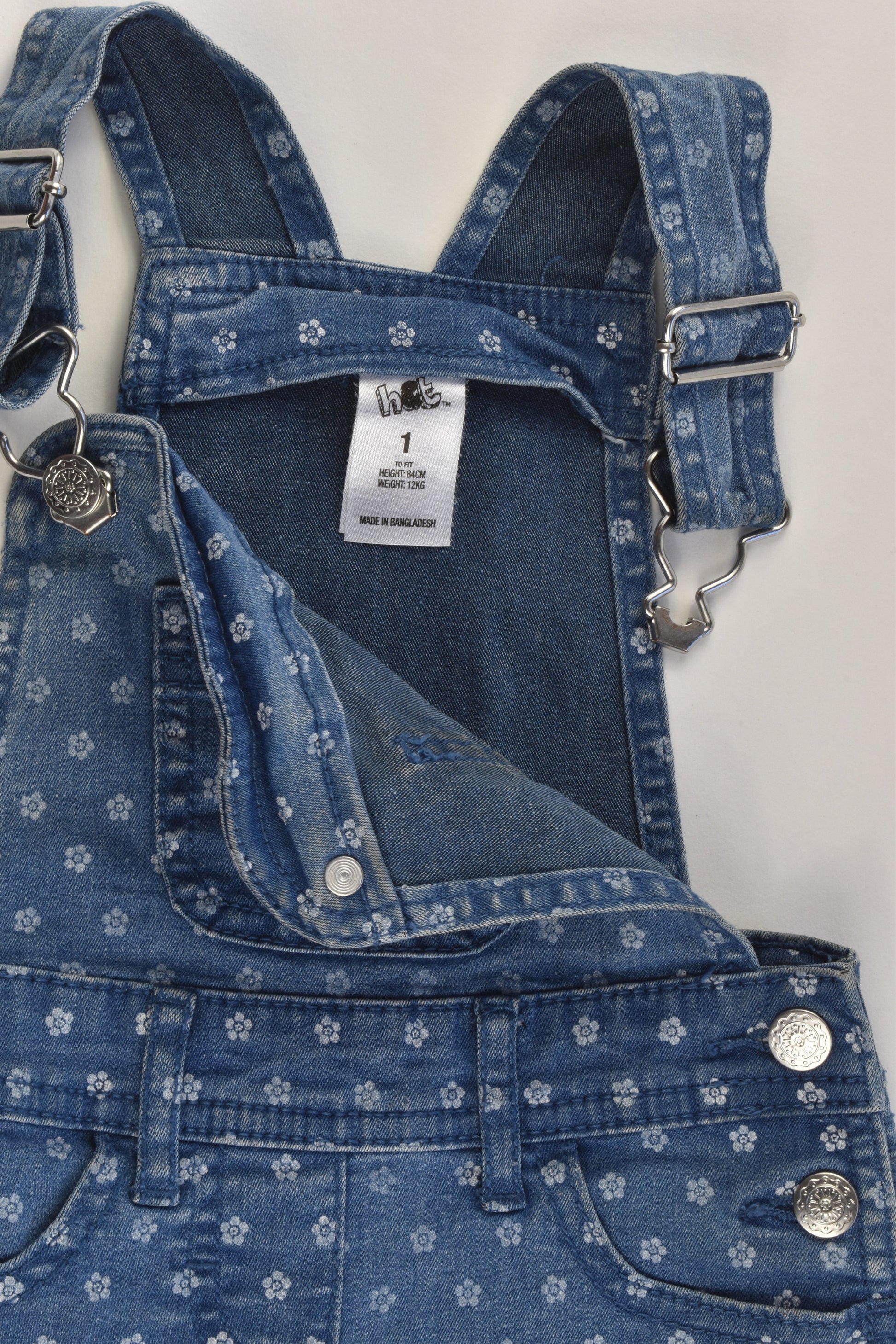 H&T Size 1 Stretchy Floral Denim Short Overalls
