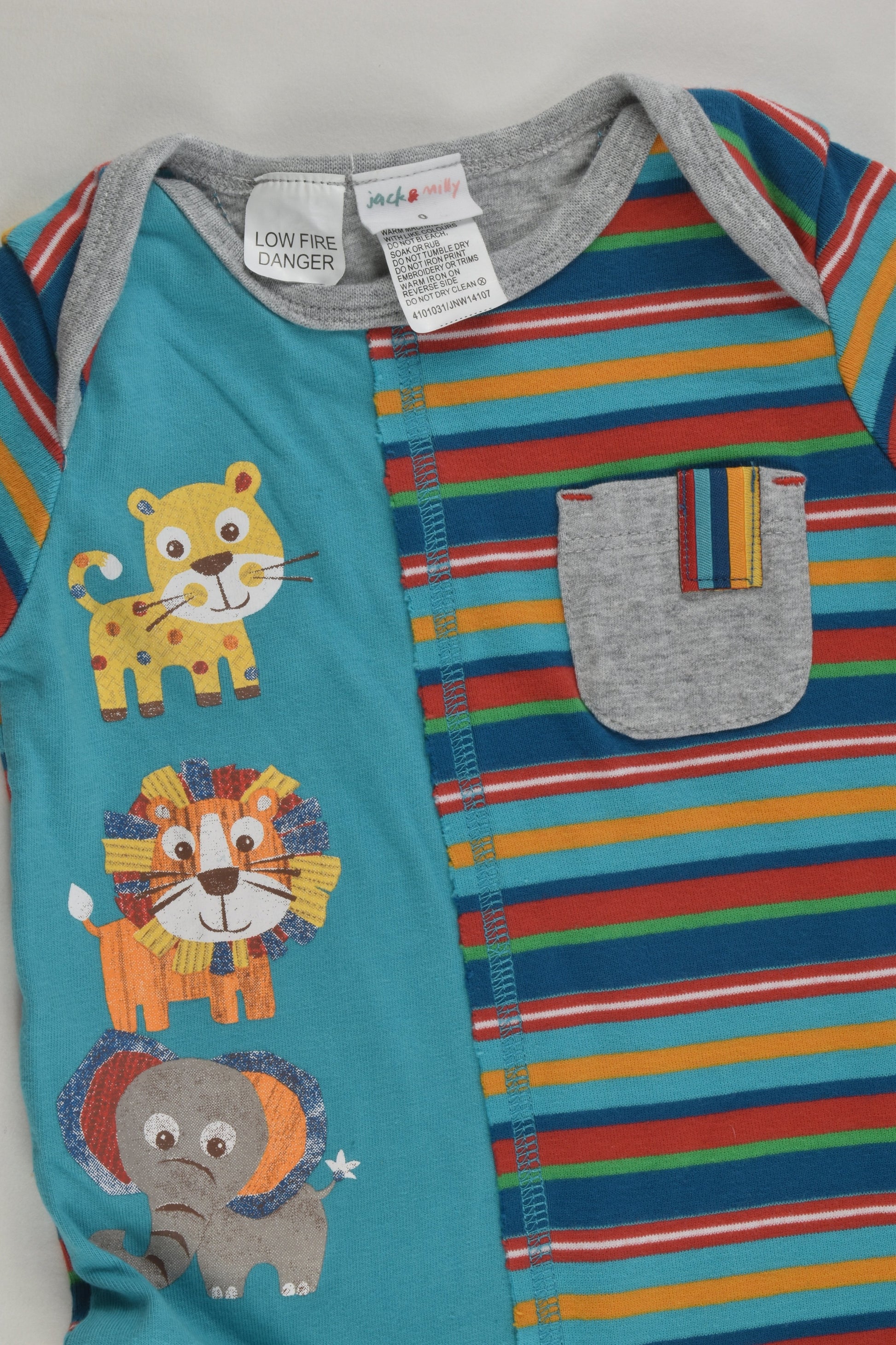Jack & Milly Size 0 Stripes and Safari Animals Romper