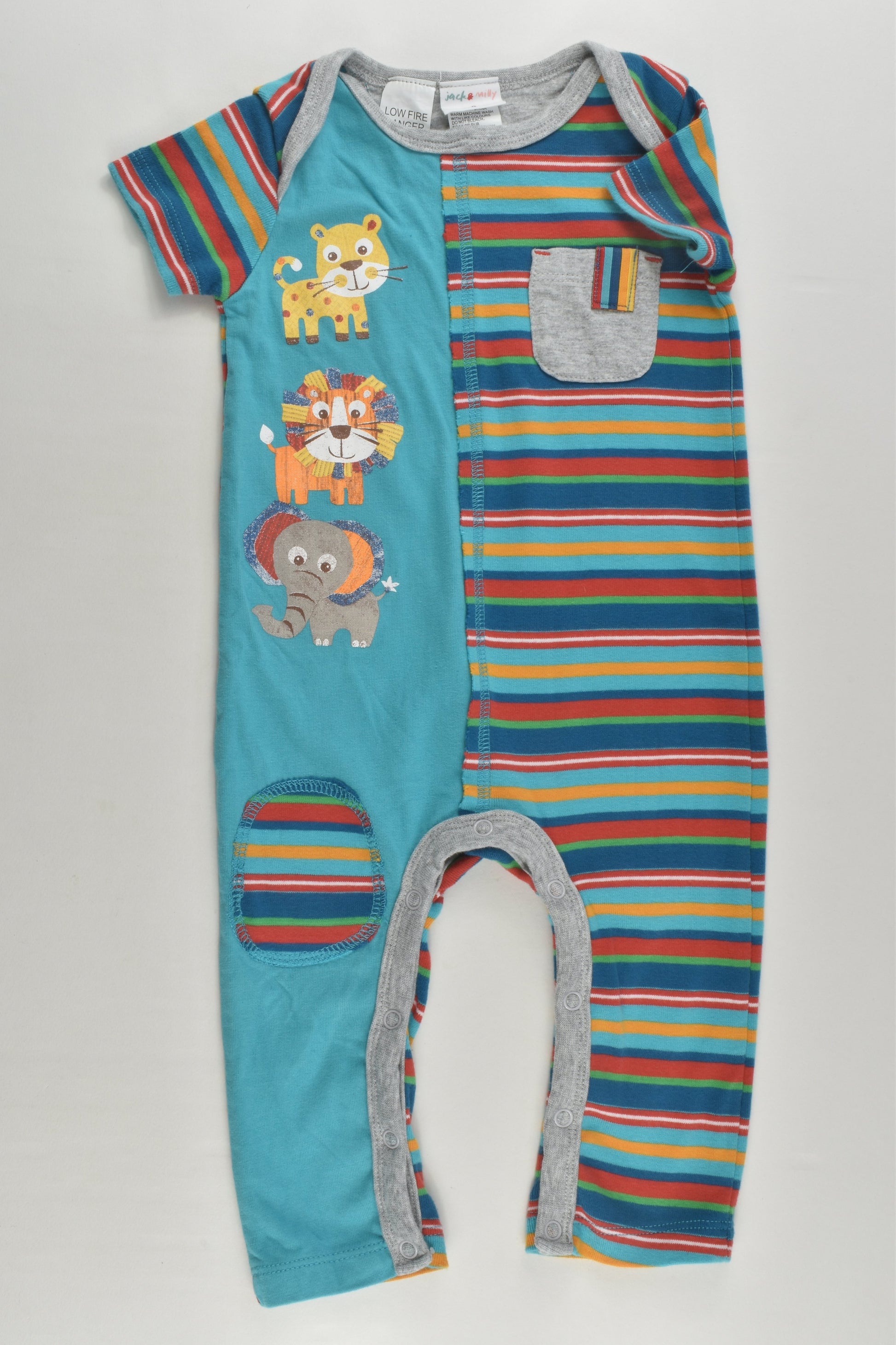 Jack & Milly Size 0 Stripes and Safari Animals Romper