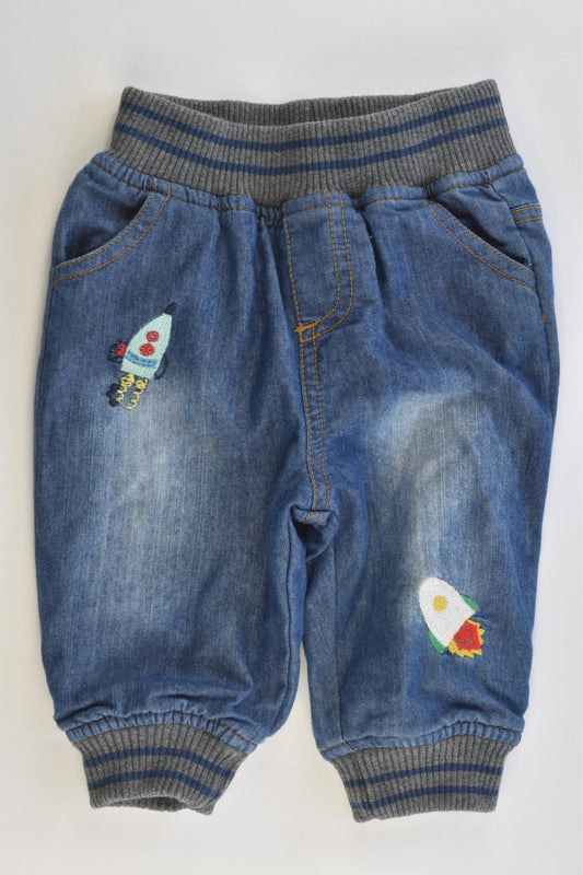 Lullaby by Ollie's Place Size 00 (68 cm, 6-9 months) Rocket Ships Lined Denim Pants
