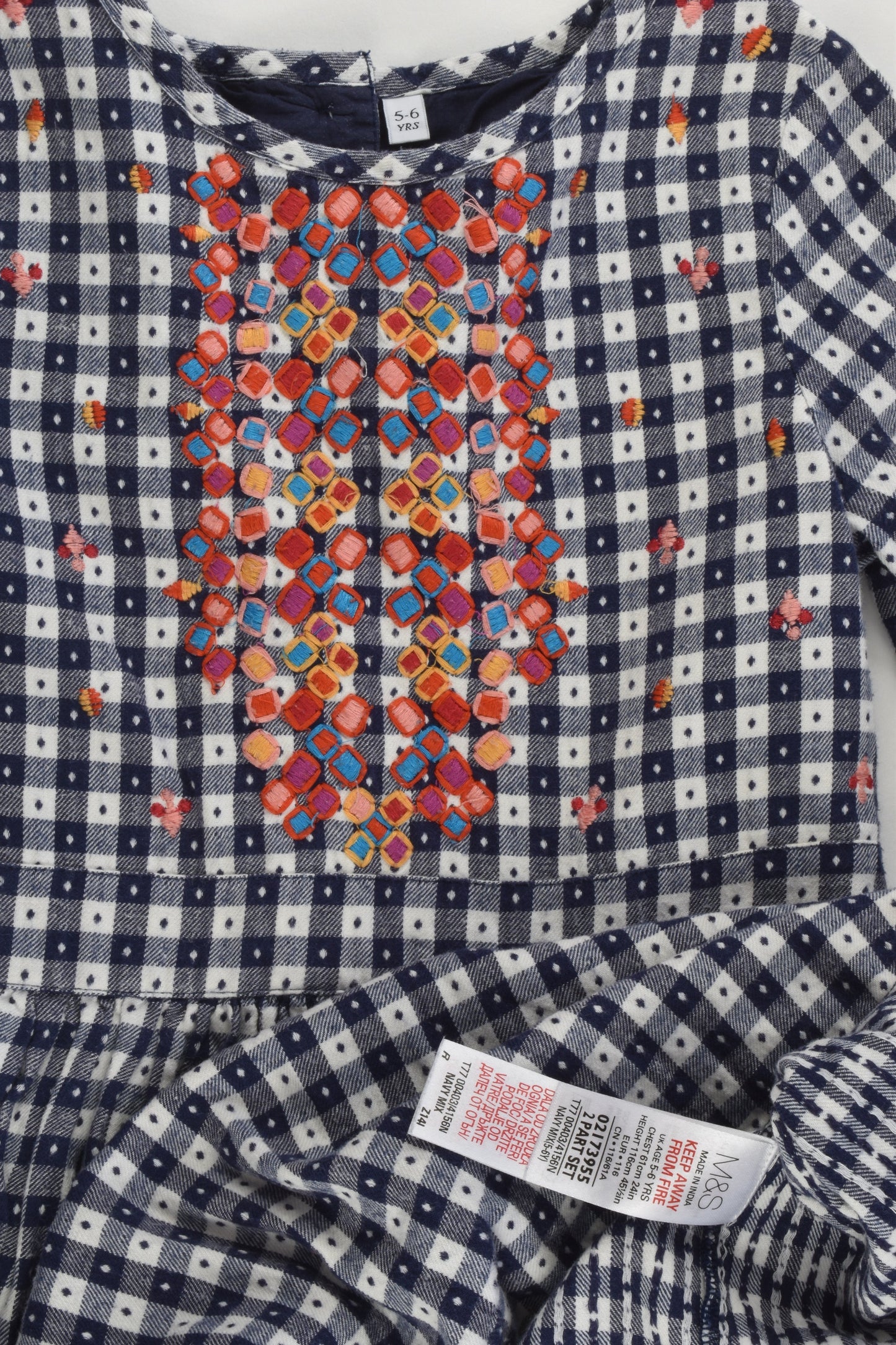 Marks & Spencer Size 5-6 (116 cm) Checked Dress with Colourful Embroidery