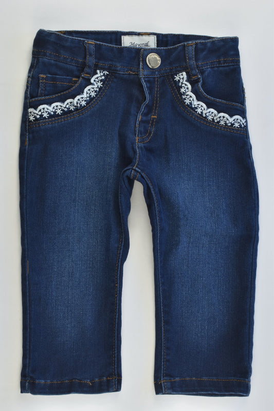 Mayoral (Spain) Size 0 (9 months,74 cm) Stretchy Denim Pants with Lace Details