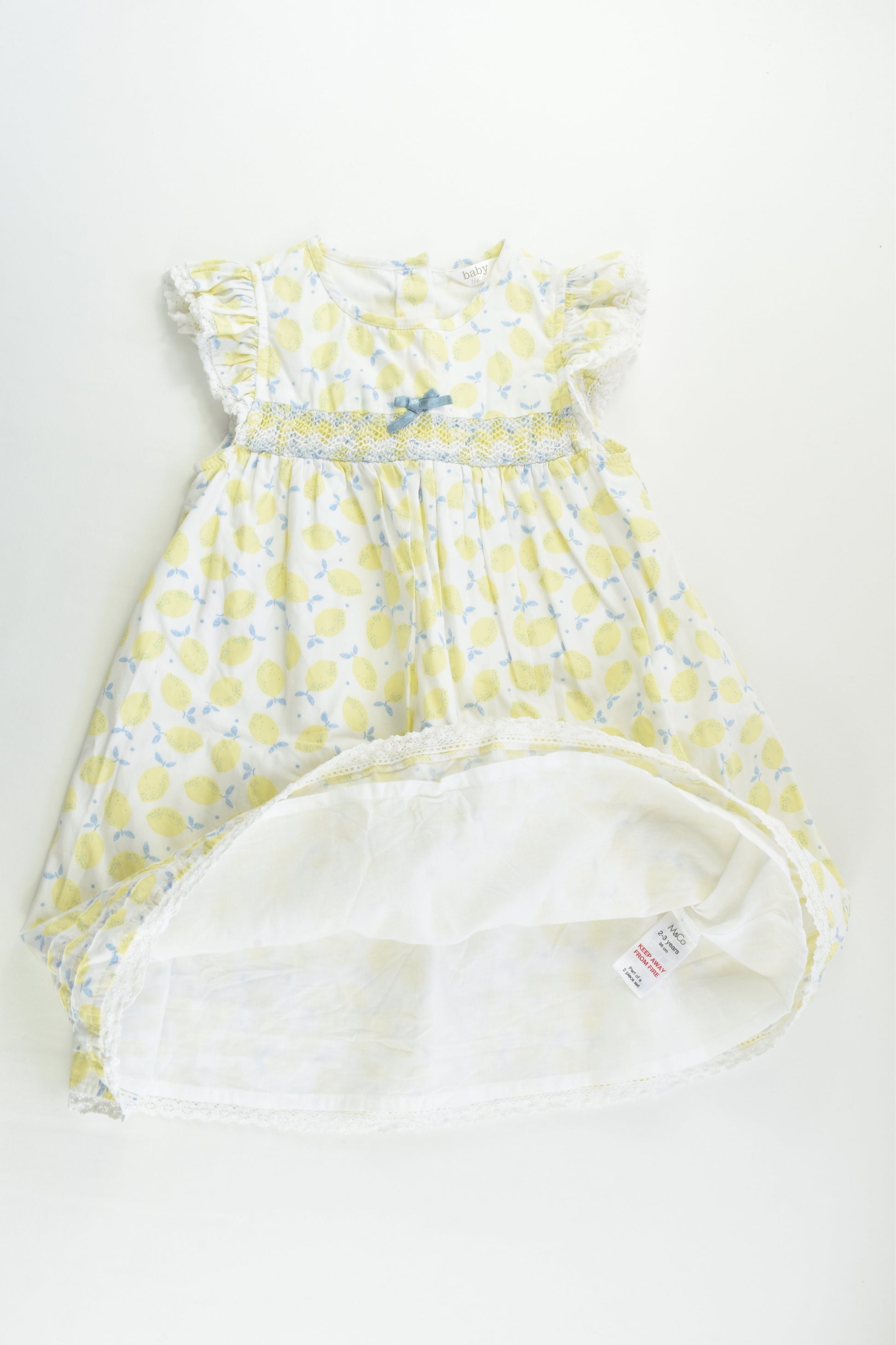 M&Co Size 2-3 (98 cm) Lined Smocked Lemon Dress