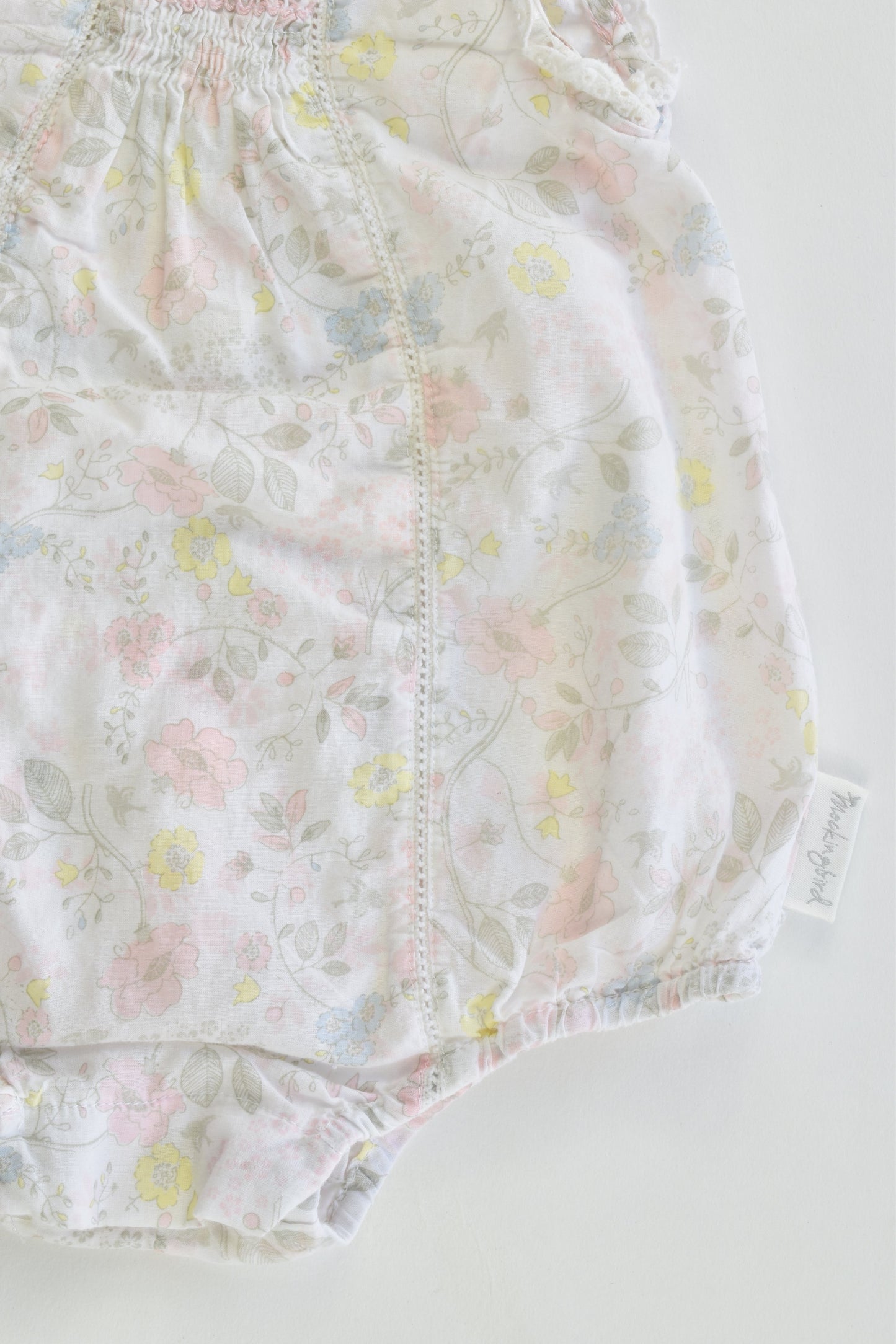 Mockingbird Size 3-6 months Floral Summer Romper with Lace Details