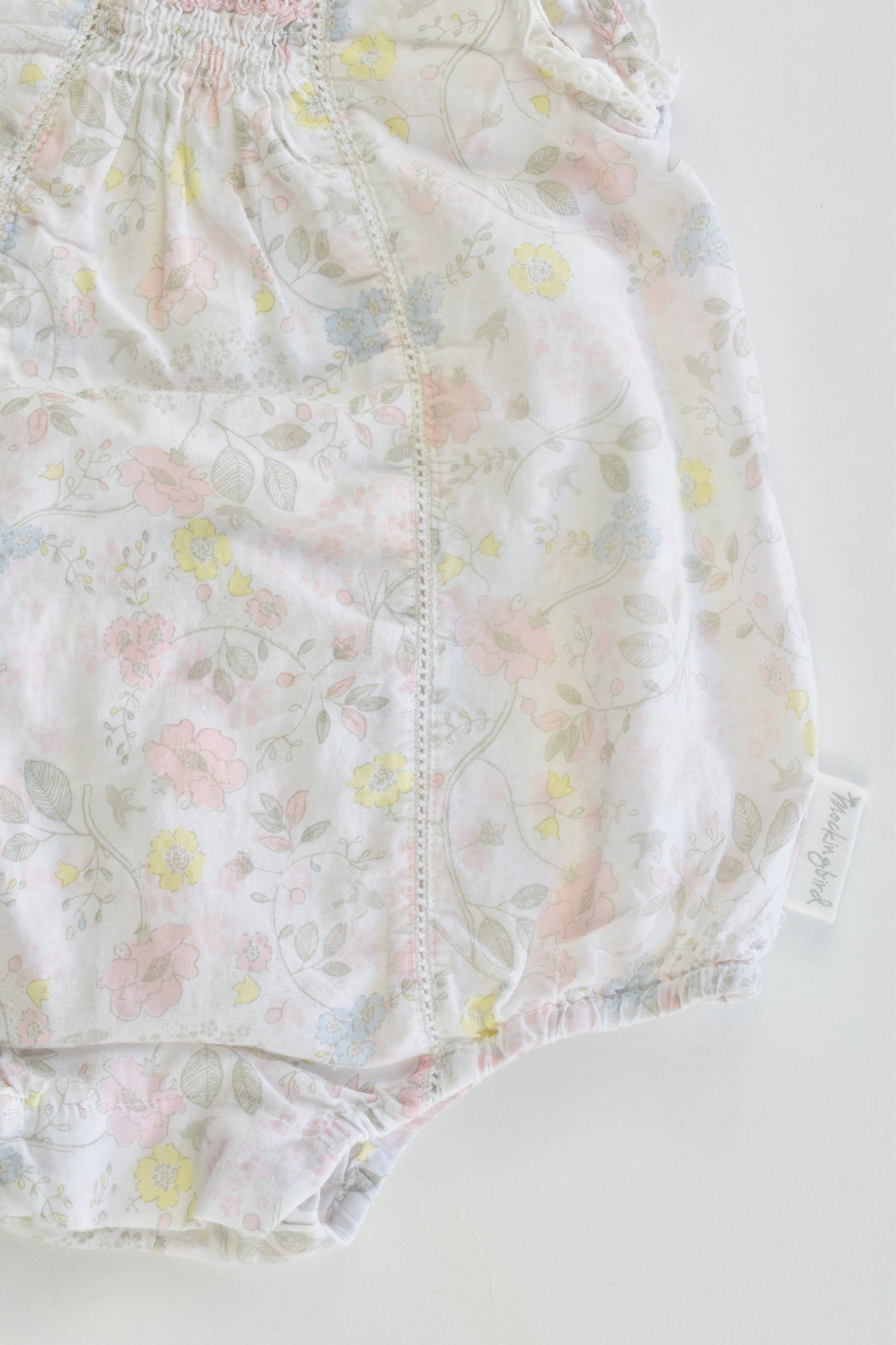 Mockingbird Size 3-6 months Floral Summer Romper with Lace Details