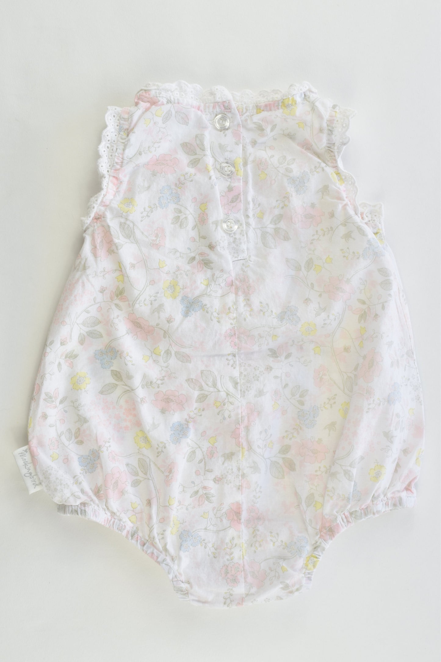 Mockingbird Size 3-6 months Floral Summer Romper with Lace Details
