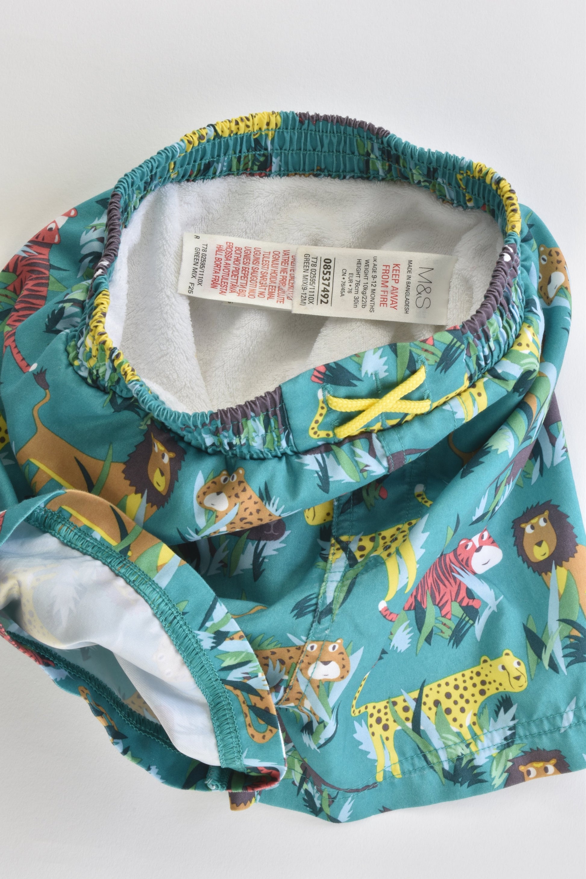 M&S Size 0 (9-12 months) Tigers and Lions Board Shorts with Inbuilt Swim Nappy