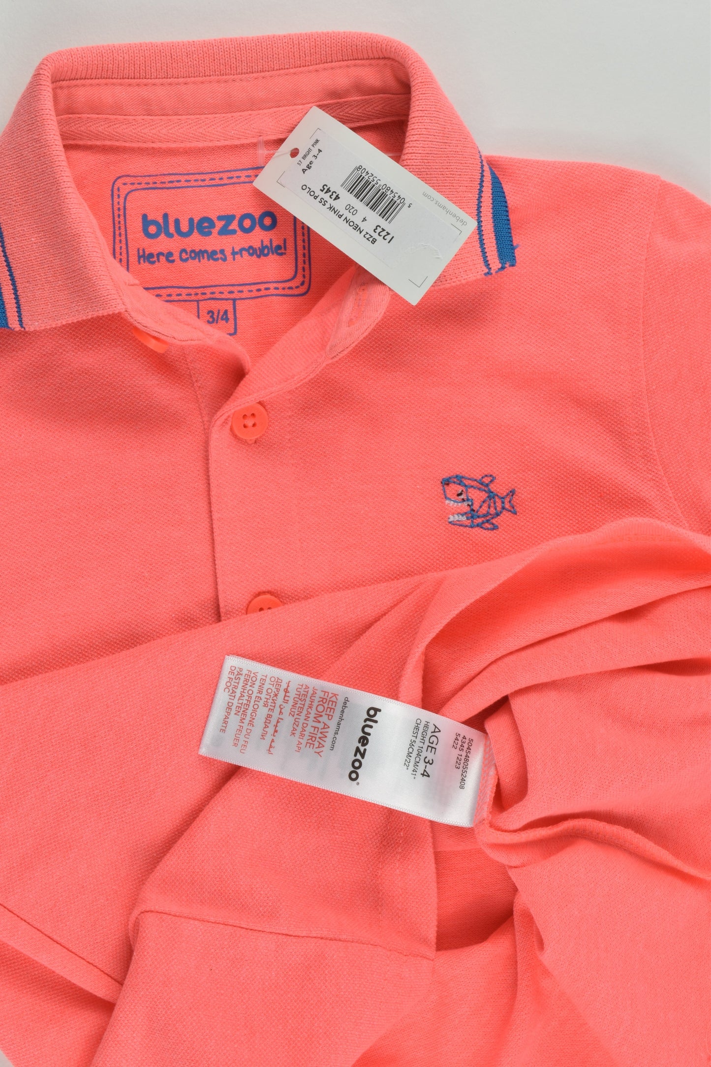 NEW Bluezoo by Debenhams Size 3-4 (104 cm) Piranha Fluoro Polo Shirt