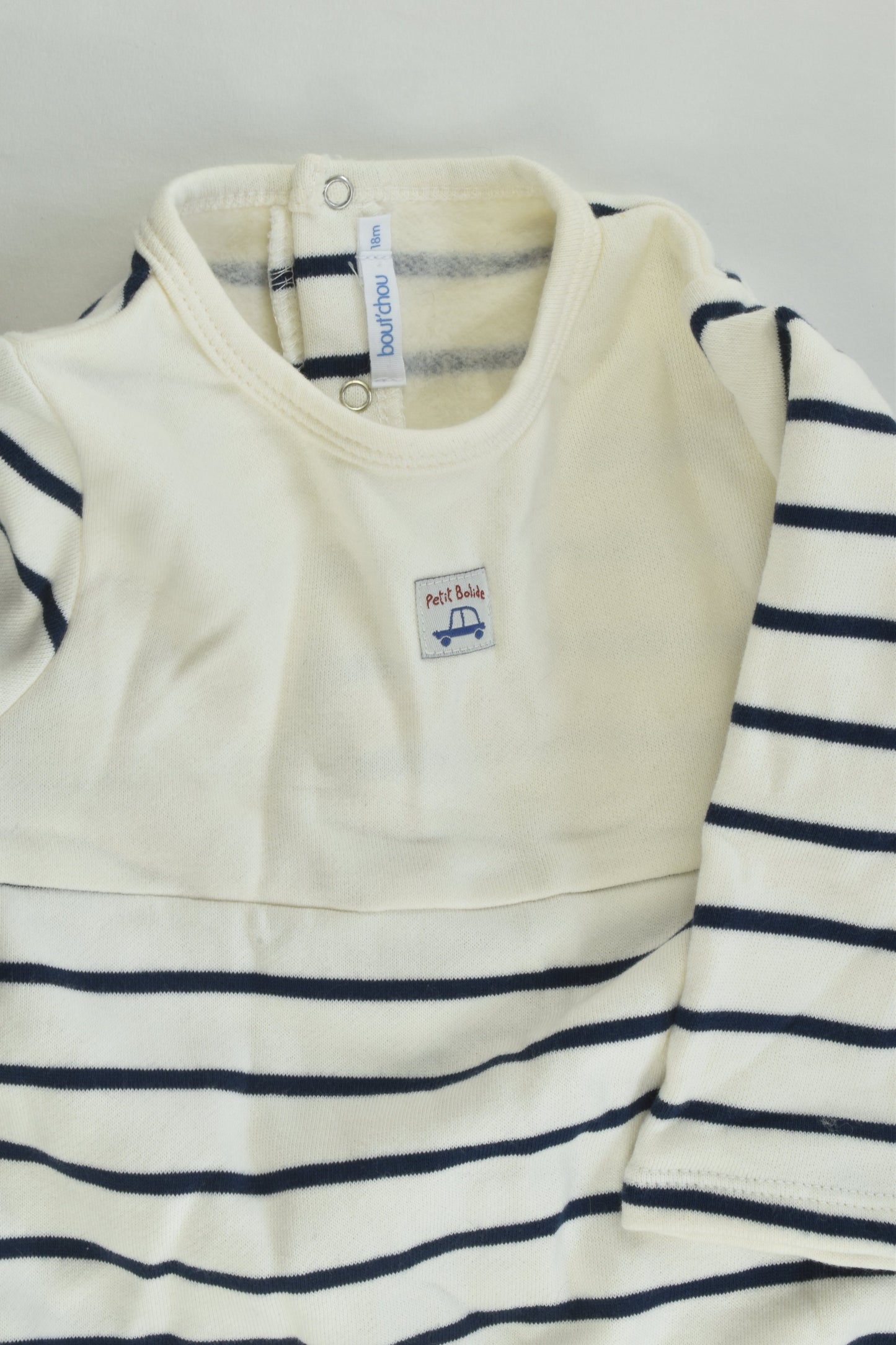 NEW Bout'Chou (France) Size 0-1 (18 months, 81 cm) 'Petit Bolide' Striped Footed Romper