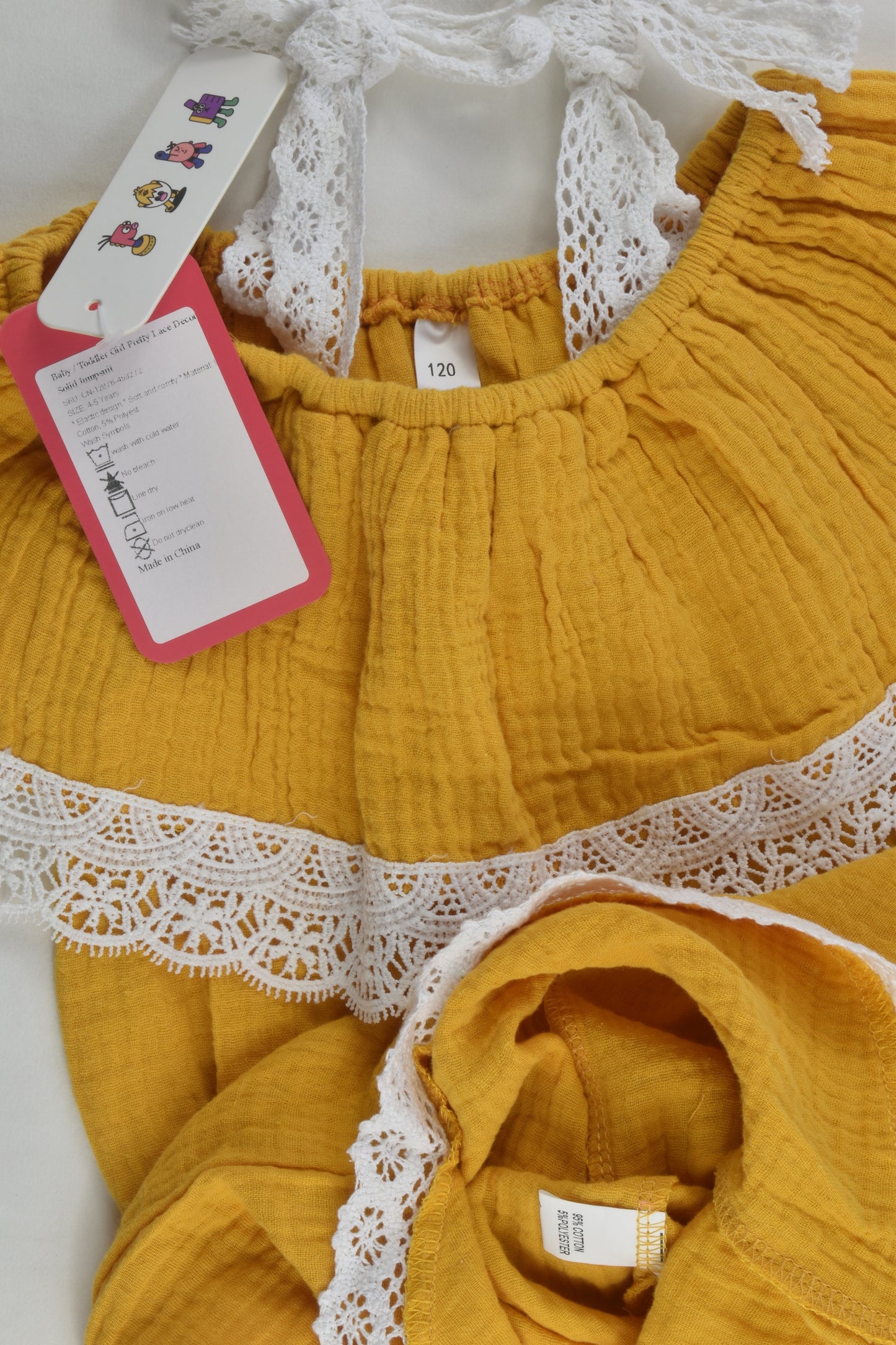 NEW Brand Unknown Size 4-5 Lace Detail Mustard Muslin Playsuit