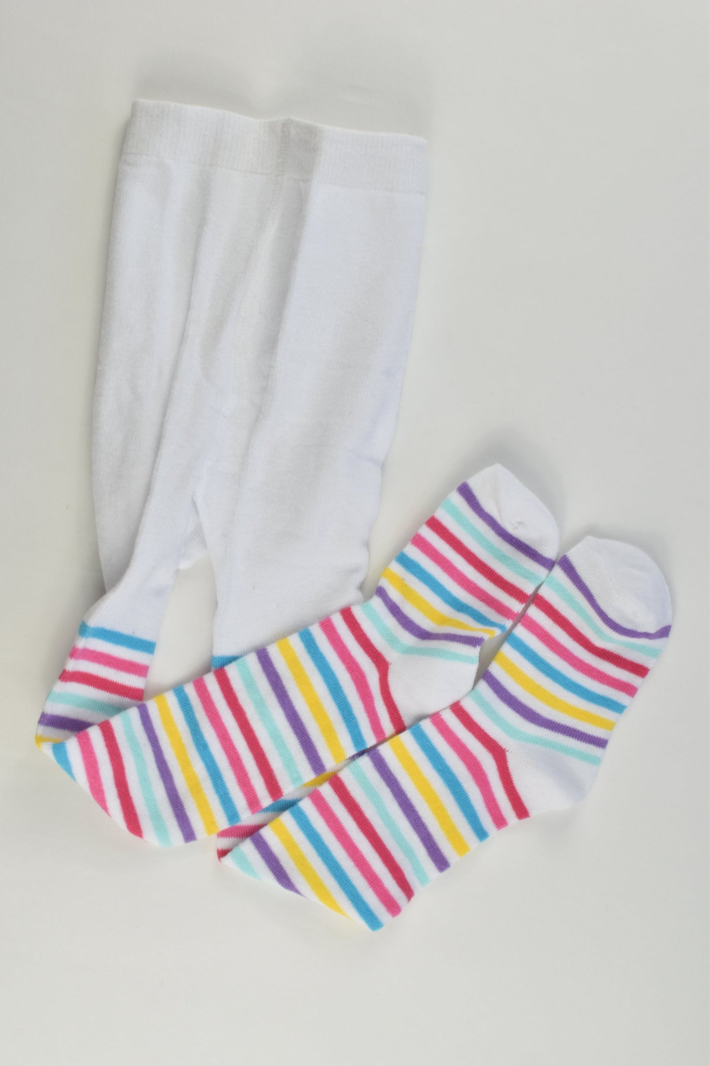 NEW Brand Unknown Size approx 2-3 White/Rainbow Stripes Footed Tights